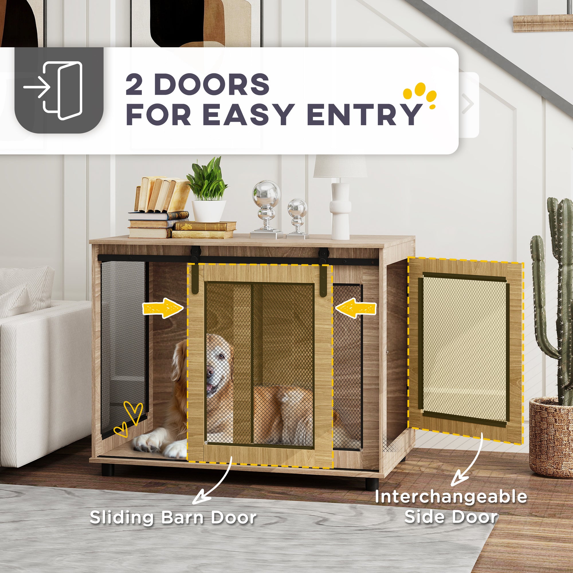 PawHut Dog Crate Furniture, Dog Cage End Table with Sliding Barn Door, Dog Pet Kennel for Large Dogs, 98 x 60 x 78cm, Walnut Brown