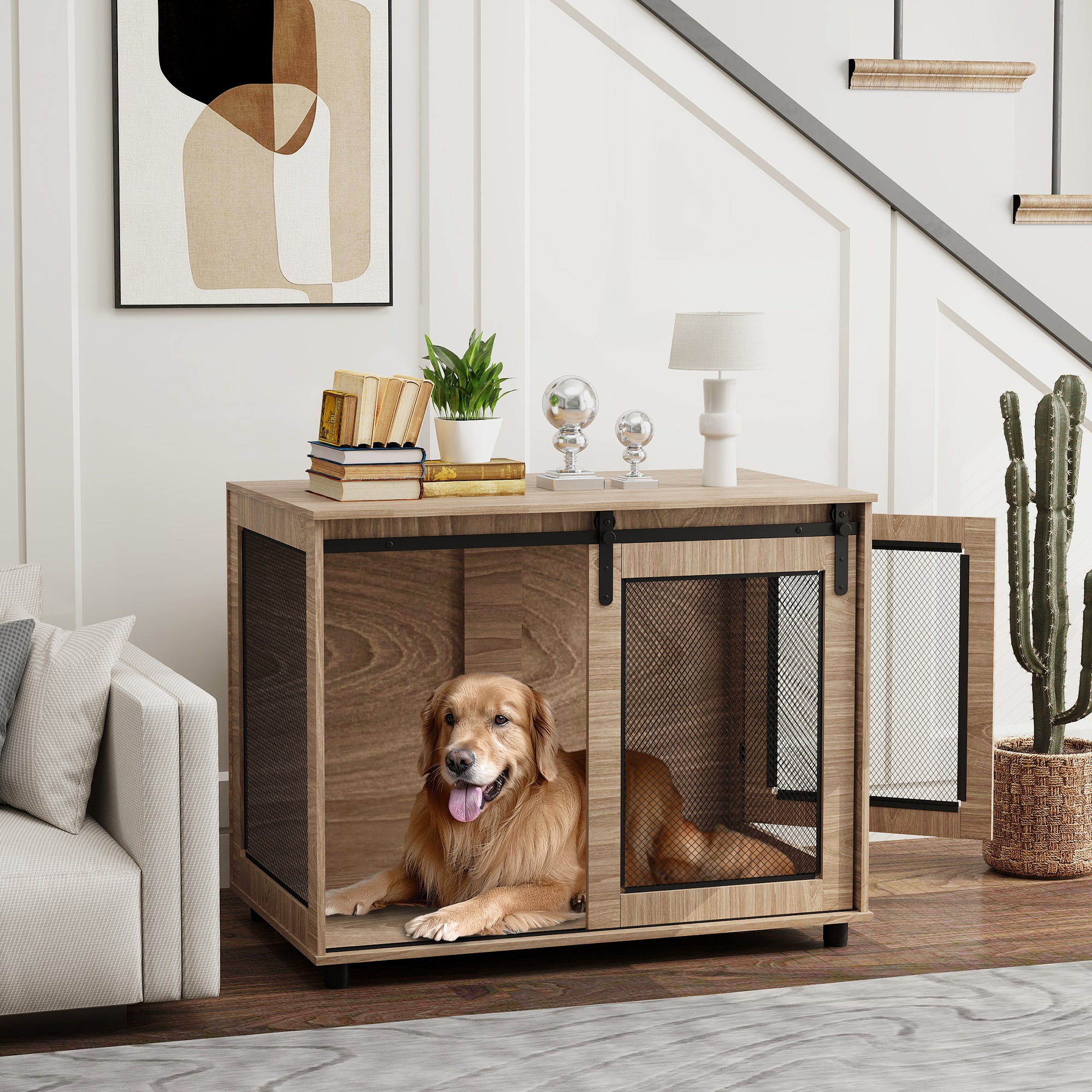 PawHut Dog Crate Furniture, Dog Cage End Table with Sliding Barn Door, Dog Pet Kennel for Large Dogs, 98 x 60 x 78cm, Walnut Brown