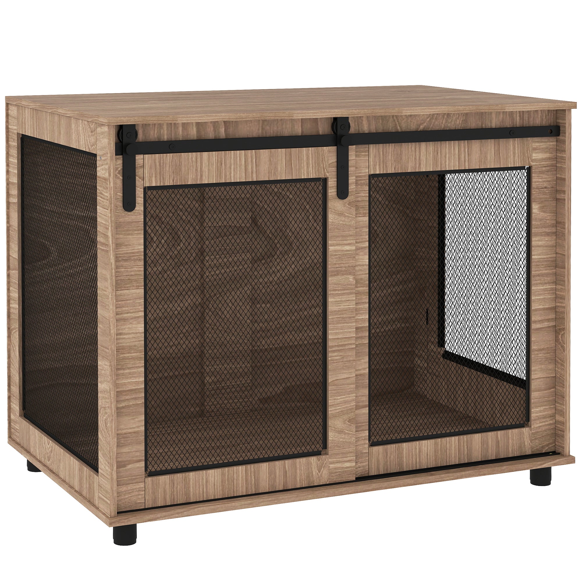 PawHut Dog Crate Furniture, Dog Cage End Table with Sliding Barn Door, Dog Pet Kennel for Large Dogs, 98 x 60 x 78cm, Walnut Brown