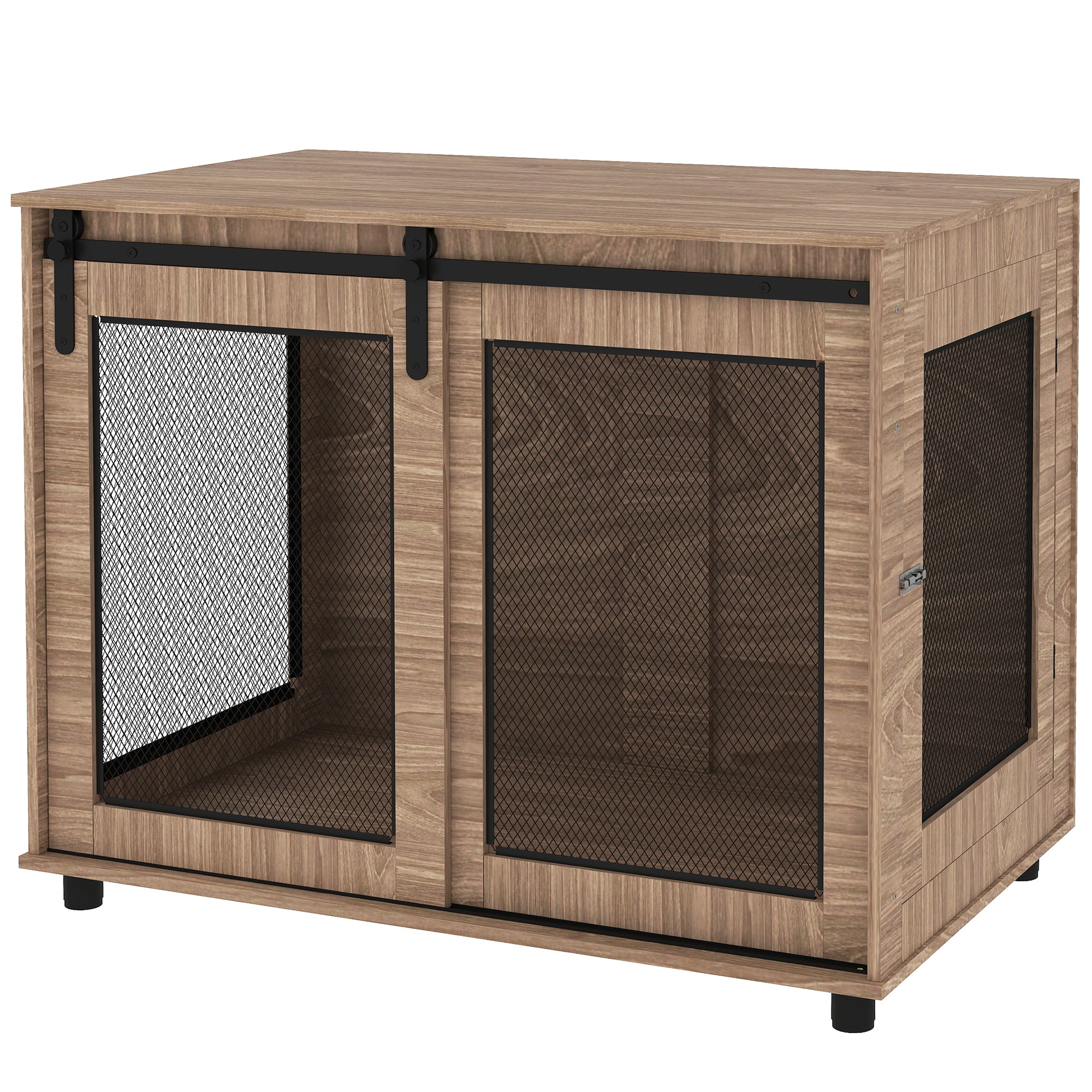 PawHut Dog Crate Furniture, Dog Cage End Table with Sliding Barn Door, Dog Pet Kennel for Large Dogs, 98 x 60 x 78cm, Walnut Brown