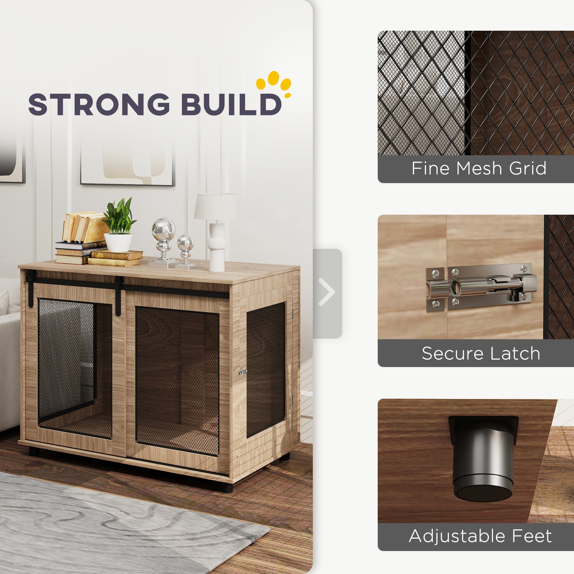 PawHut Dog Crate Furniture, Dog Cage End Table with Sliding Barn Door, Dog Pet Kennel for Large Dogs, 98 x 60 x 78cm, Walnut Brown