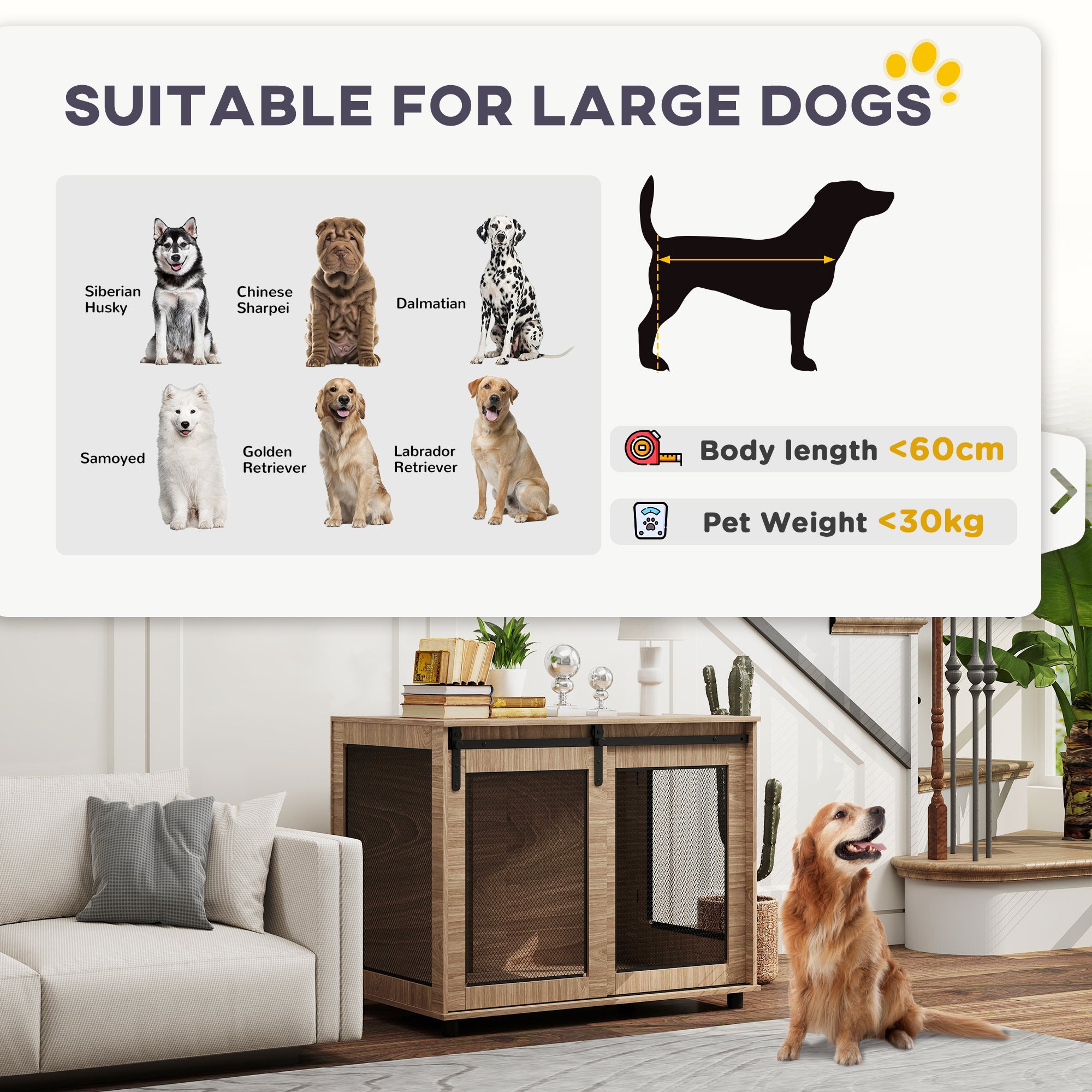 PawHut Dog Crate Furniture, Dog Cage End Table with Sliding Barn Door, Dog Pet Kennel for Large Dogs, 98 x 60 x 78cm, Walnut Brown