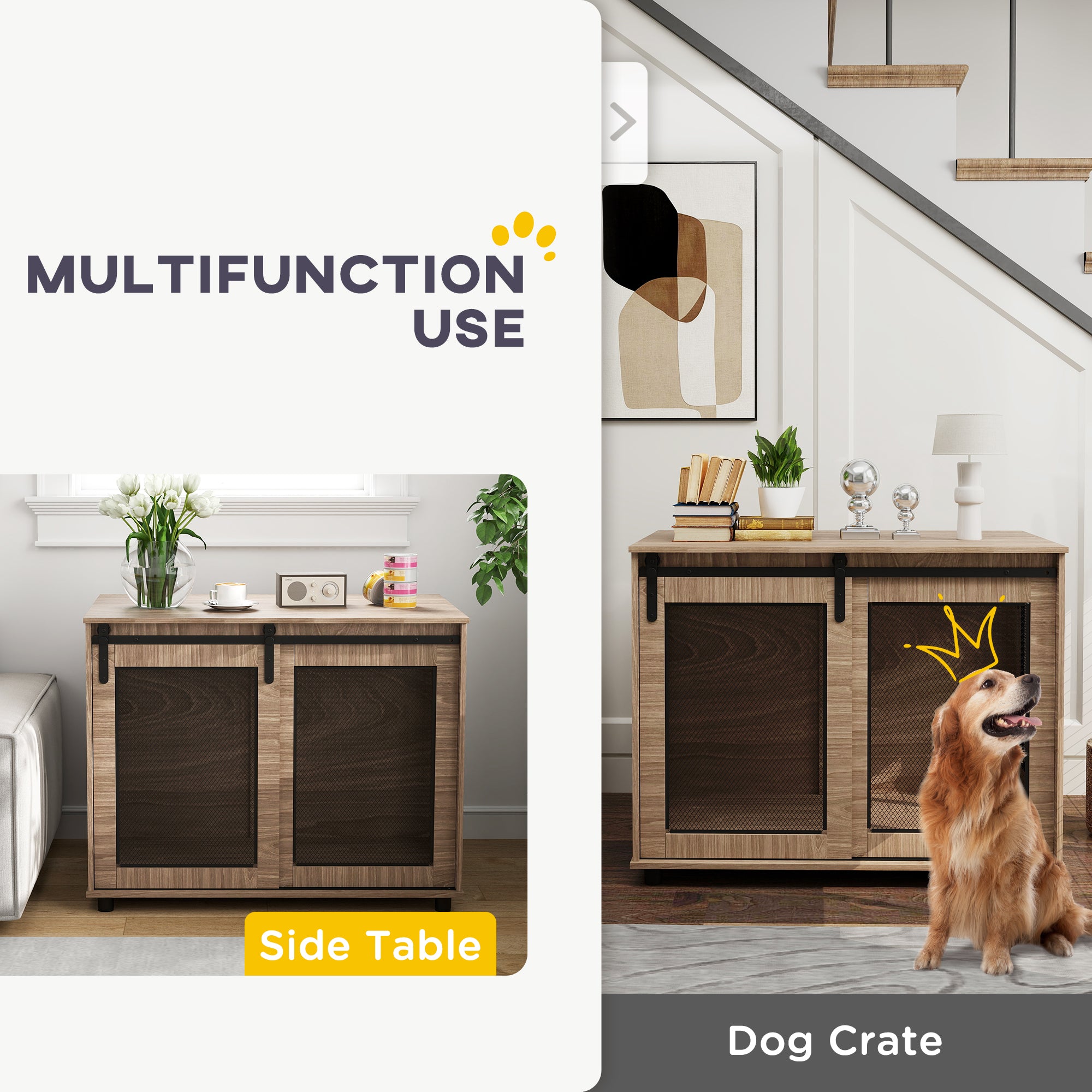 PawHut Dog Crate Furniture, Dog Cage End Table with Sliding Barn Door, Dog Pet Kennel for Large Dogs, 98 x 60 x 78cm, Walnut Brown