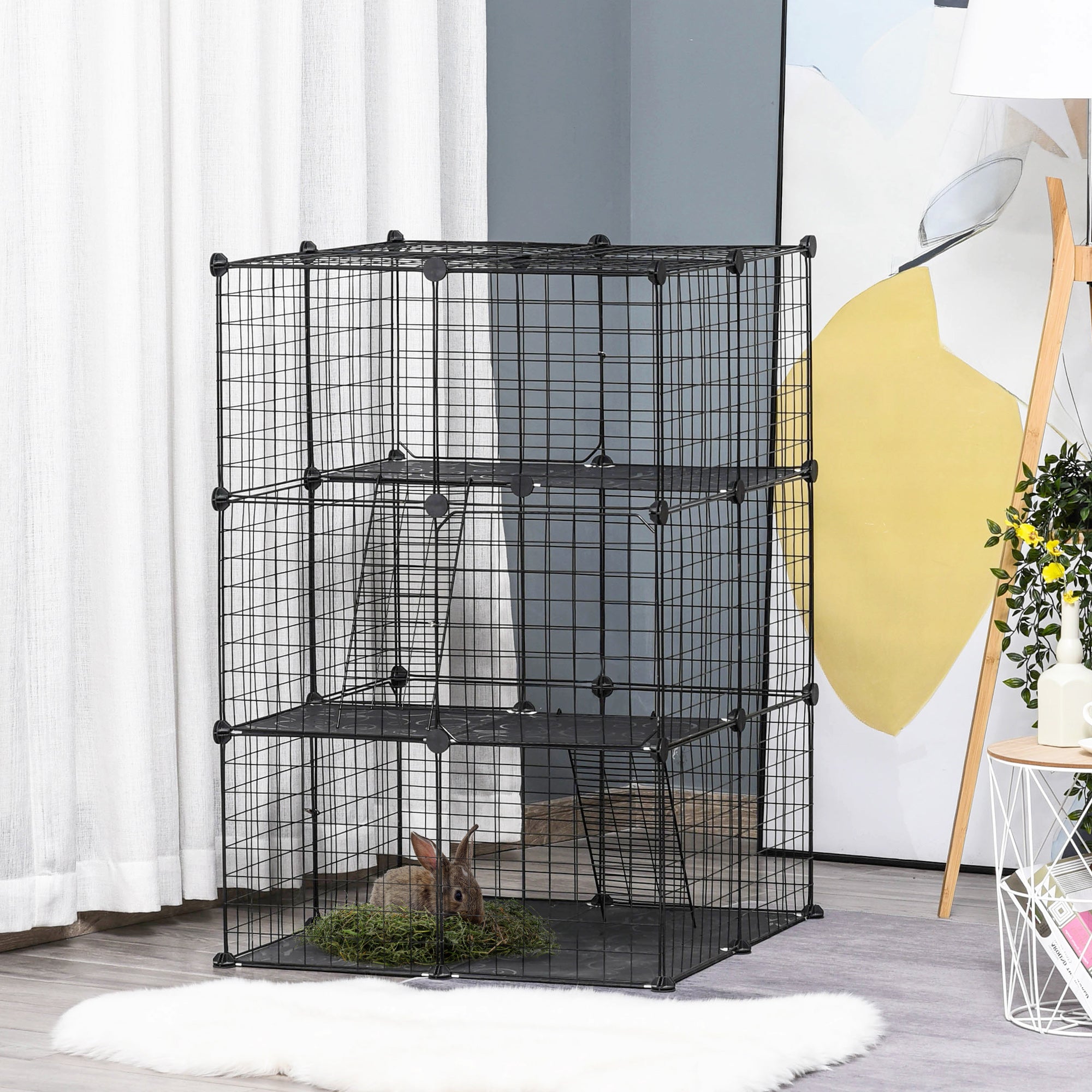 PawHut Rabbit Cage 39 Panels DIY Pet Playpen Small Animal Cage for Hedgehog Bunny Guinea Pig Chinchilla Ferret Kitten with Mallet Connectors and Cable Ties