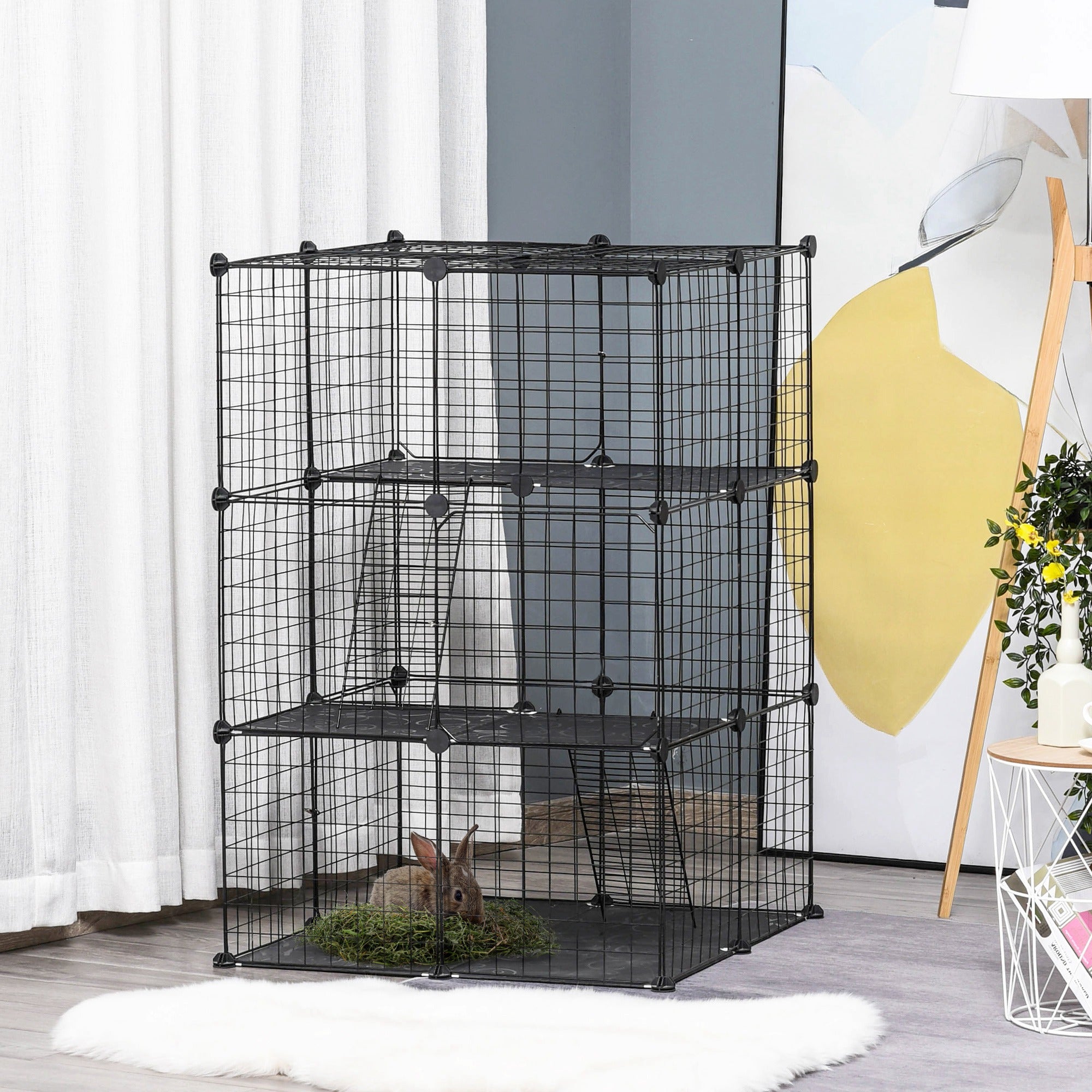PawHut Rabbit Cage 39 Panels DIY Pet Playpen Small Animal Cage for Hedgehog Bunny Guinea Pig Chinchilla Ferret Kitten with Mallet Connectors and Cable Ties