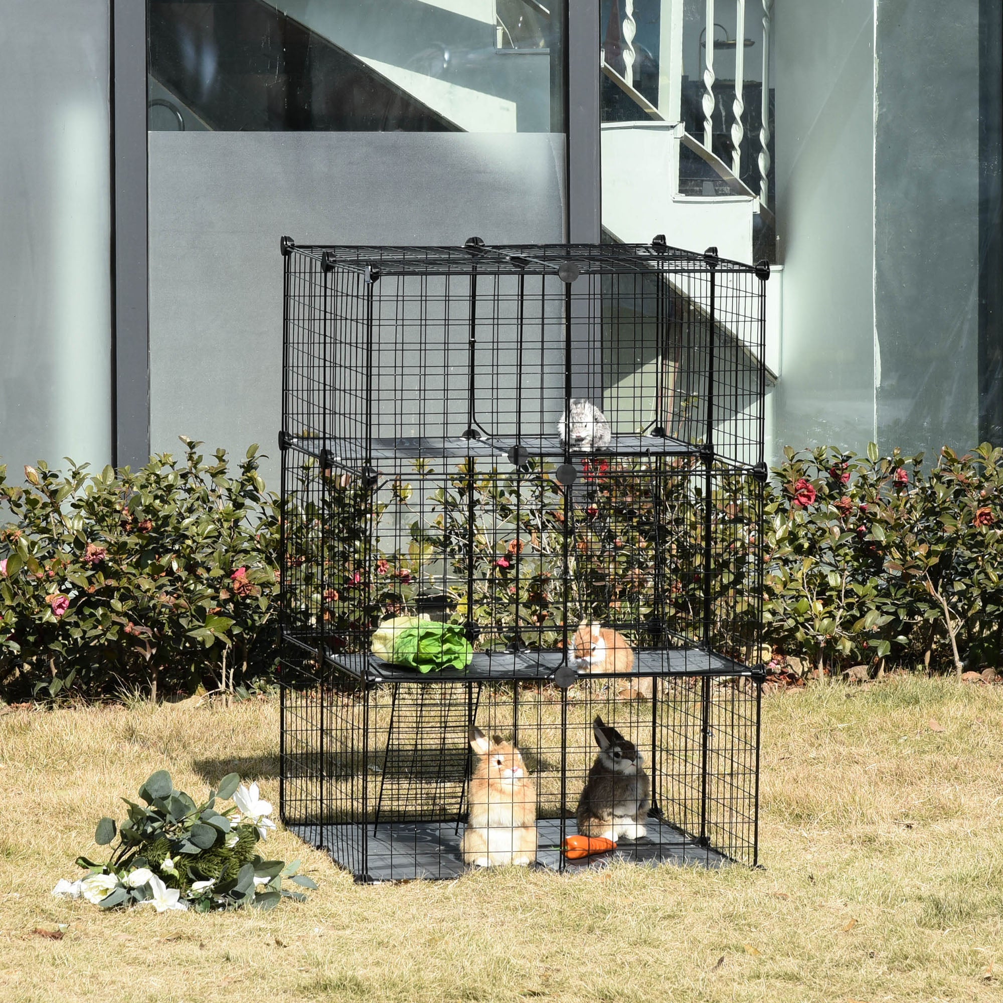 PawHut Pet Playpen DIY Small Animal Cage Enclosure Metal Wire Fence 39 Panels with 3 Doors 2 Ramps for Kitten Bunny Chinchilla Pet Mink Black