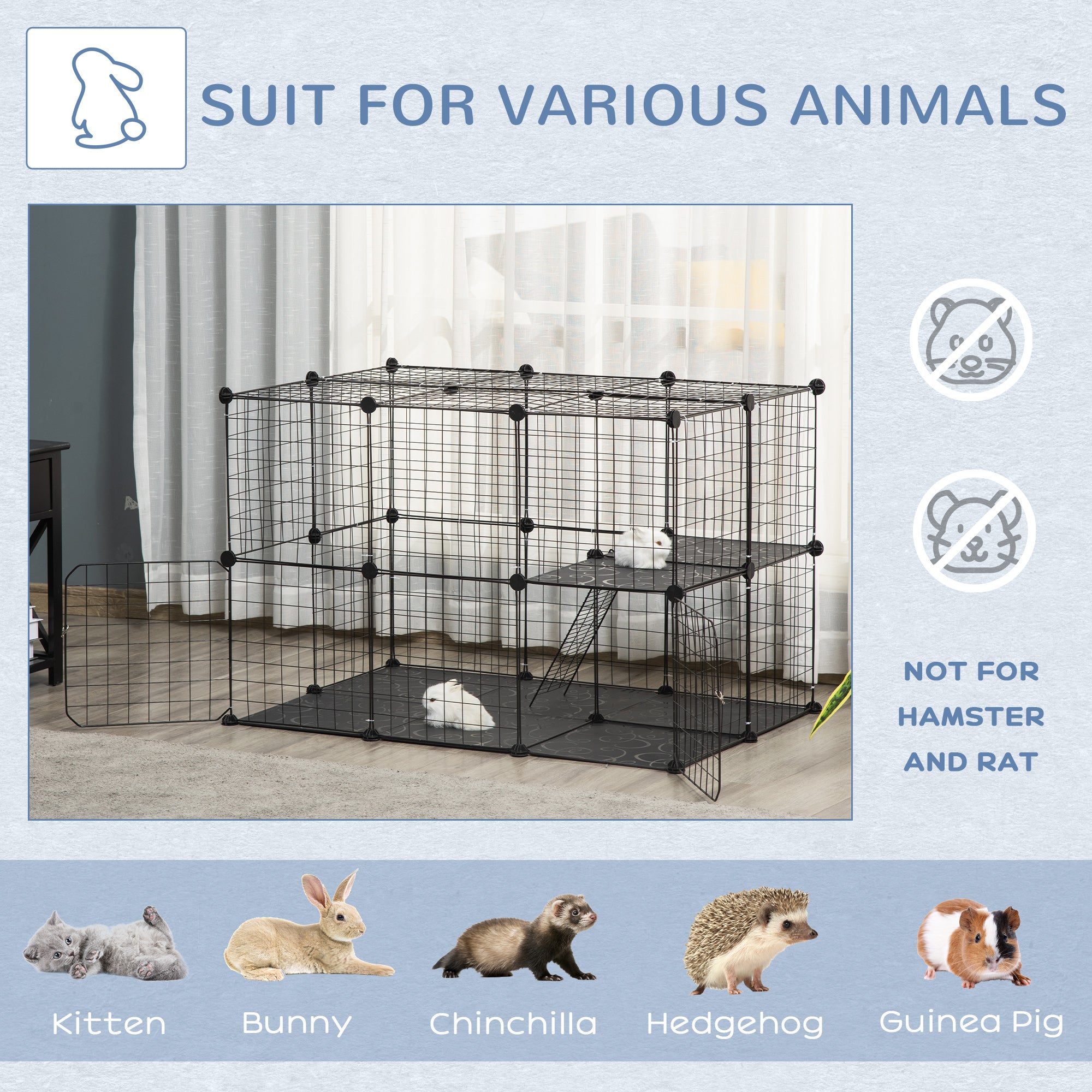 PawHut Rabbit Cage 39 Panels DIY Pet Playpen Small Animal Cage for Hedgehog Bunny Guinea Pig Chinchilla Ferret Kitten with Mallet Connectors and Cable Ties