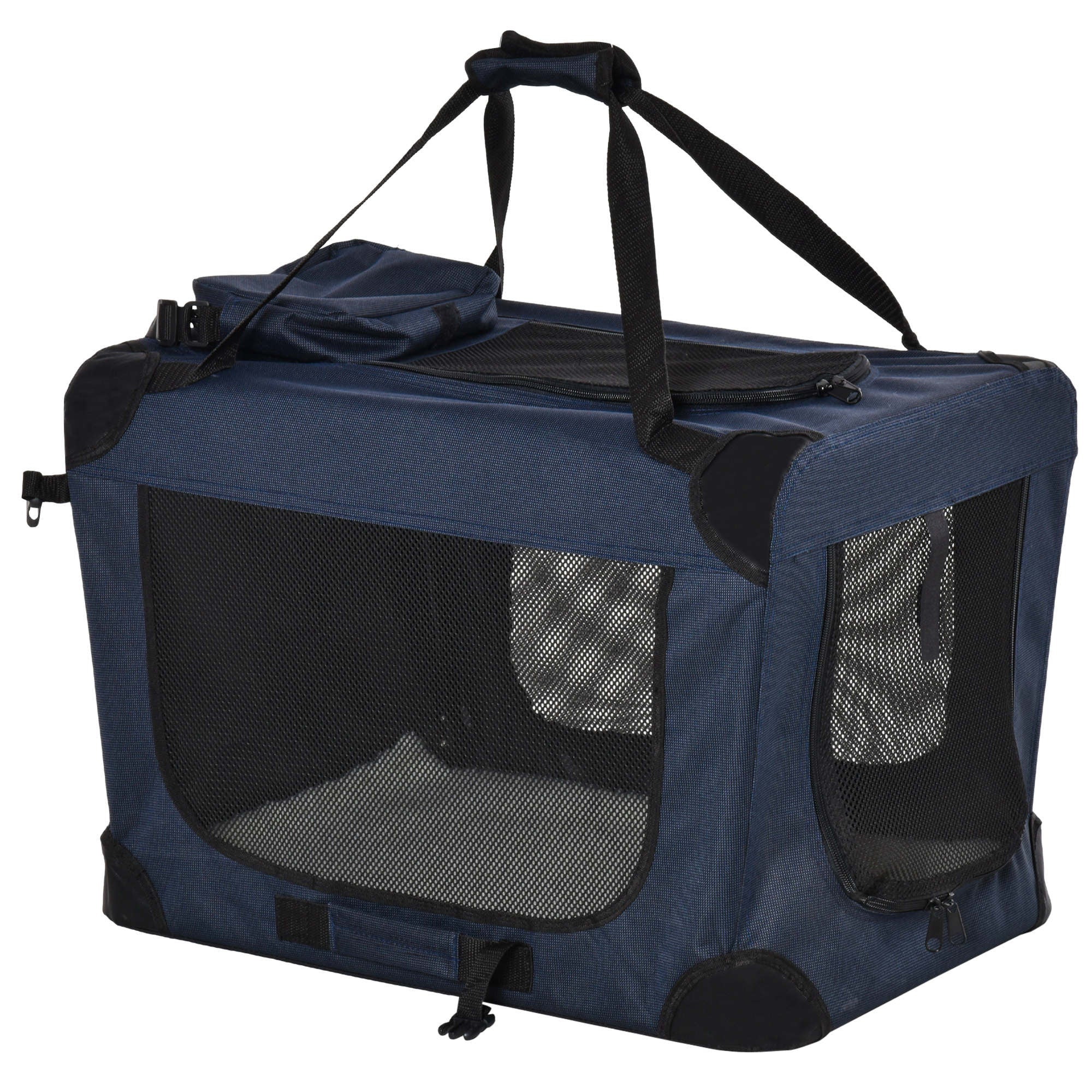 PawHut Foldable Pet Carrier for Small and Miniature Dogs, Portable Cat Carrier Soft Side Pet Travel Crate with Removable Mat, Storage Bags, Breathable Mesh 70 x 51 x 50cm - Dark Blue