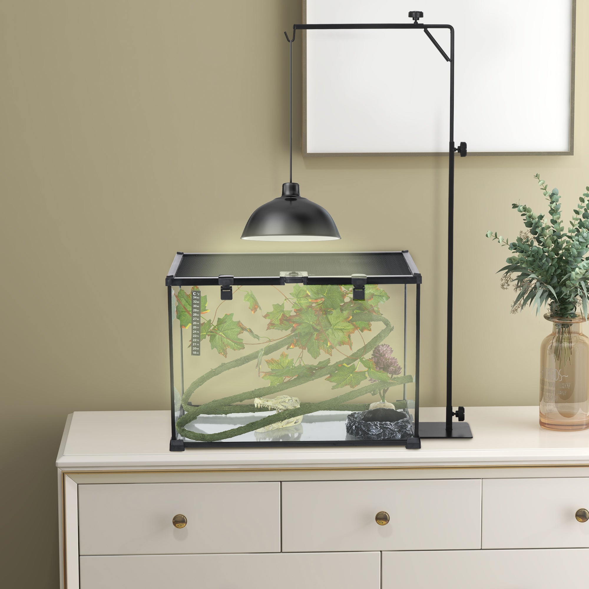 PawHut Reptile Lamp Stand, Adjustable Height and Width Heat Lamp for Reptile Amphibian Terrariums, Light Stand with Hook Hanging Steel Base, 86-129Hcm, 42-50Wcm - Black