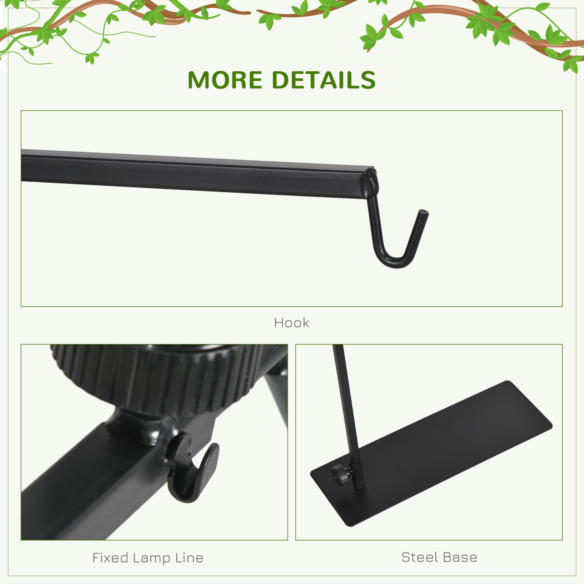 PawHut Reptile Lamp Stand, Adjustable Height and Width Heat Lamp for Reptile Amphibian Terrariums, Light Stand with Hook Hanging Steel Base, 86-129Hcm, 42-50Wcm - Black