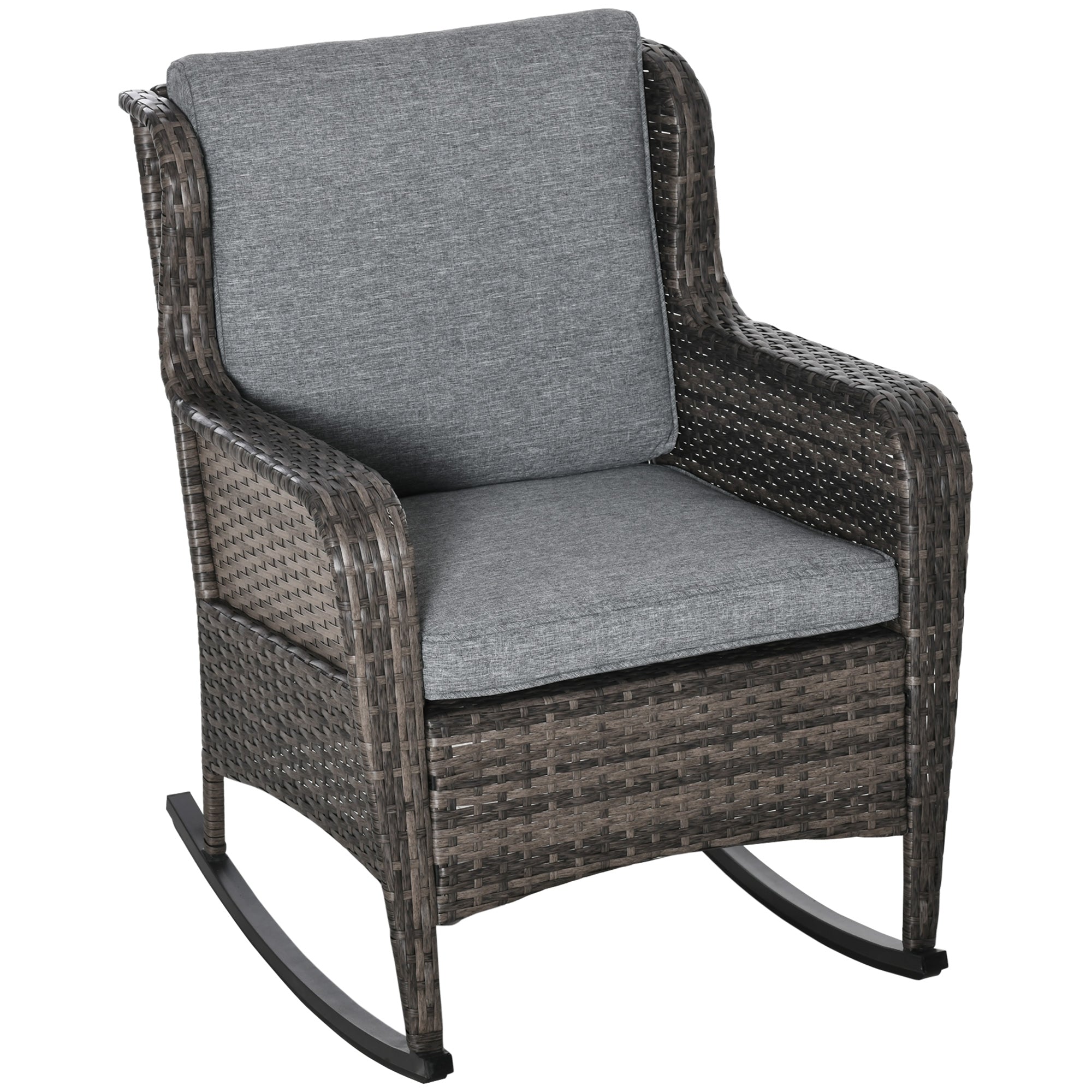 Outsunny Rocking Chair, Outdoor Wicker Chair with Wide Seat and Cushions, Rattan Rocker with Steel Frame for Patio, Garden, Backyard, Grey