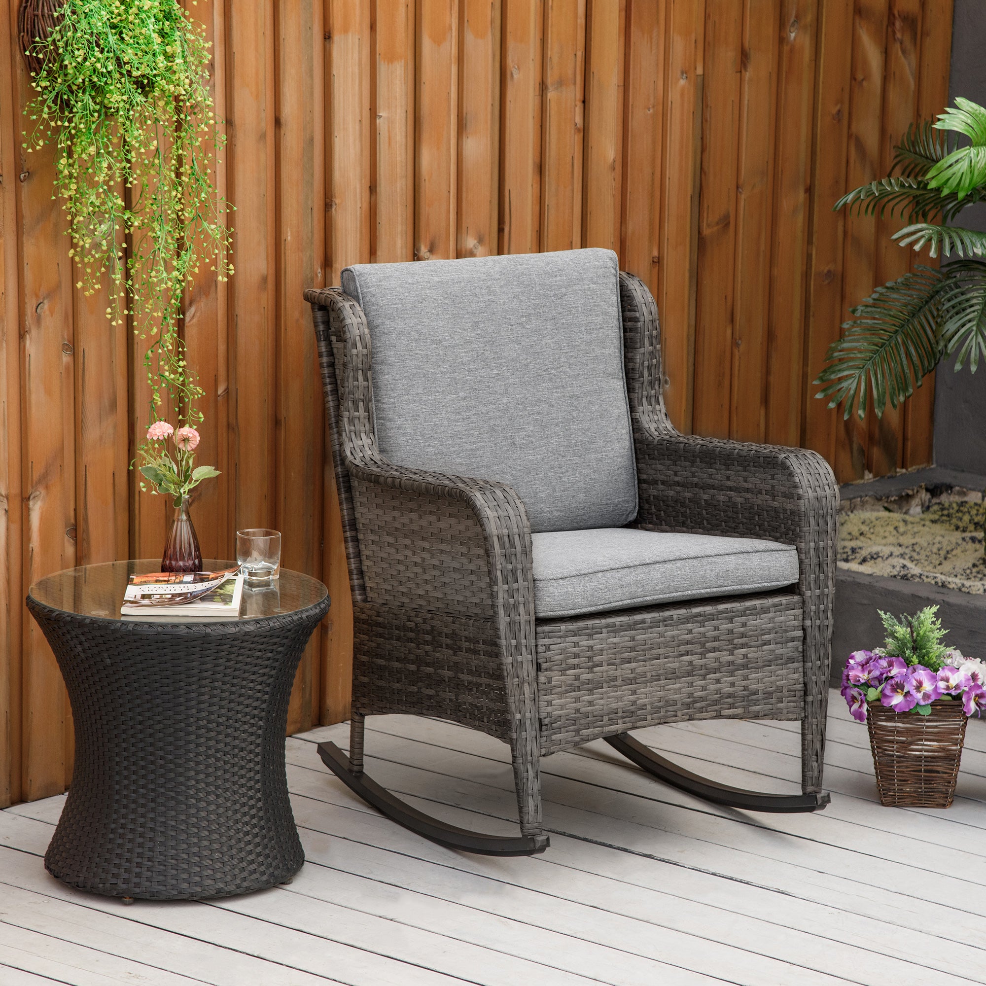 Outsunny Rocking Chair, Outdoor Wicker Chair with Wide Seat and Cushions, Rattan Rocker with Steel Frame for Patio, Garden, Backyard, Grey