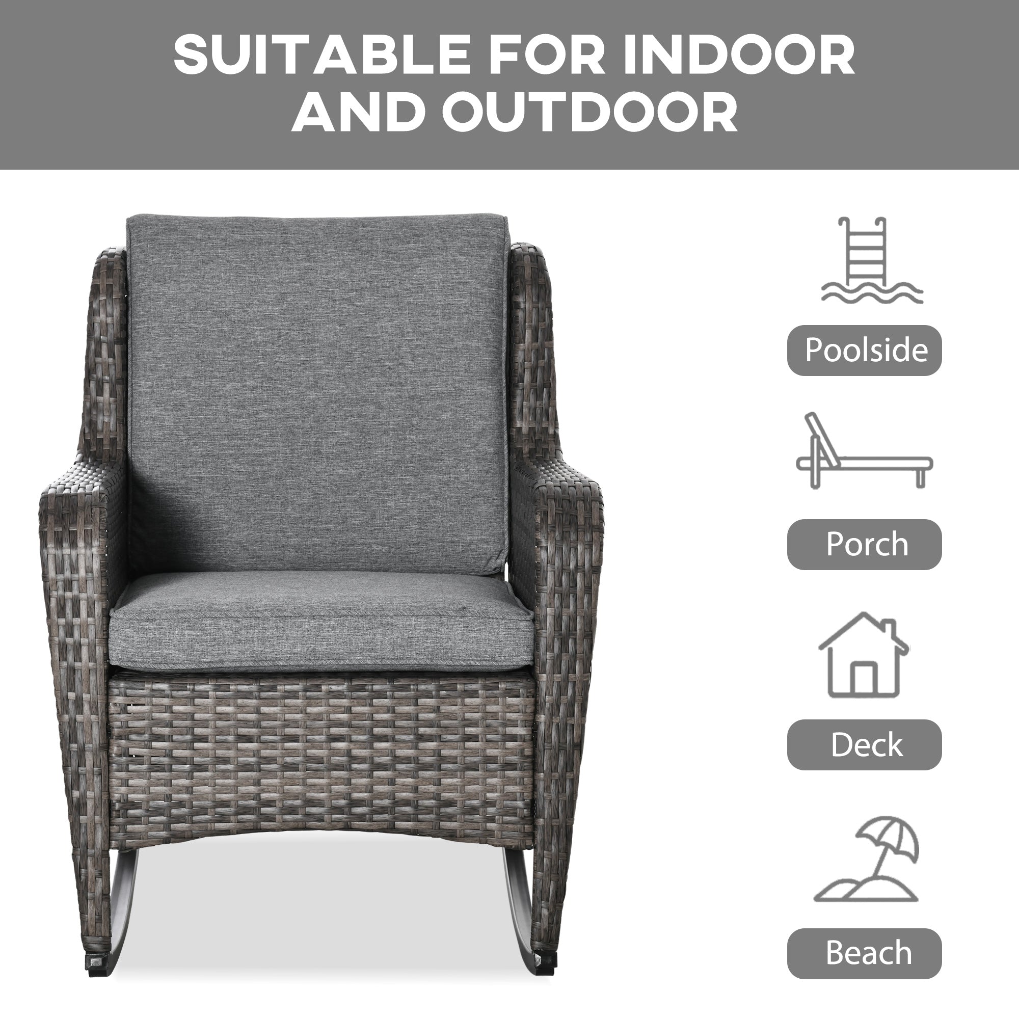 Outsunny Rocking Chair, Outdoor Wicker Chair with Wide Seat and Cushions, Rattan Rocker with Steel Frame for Patio, Garden, Backyard, Grey