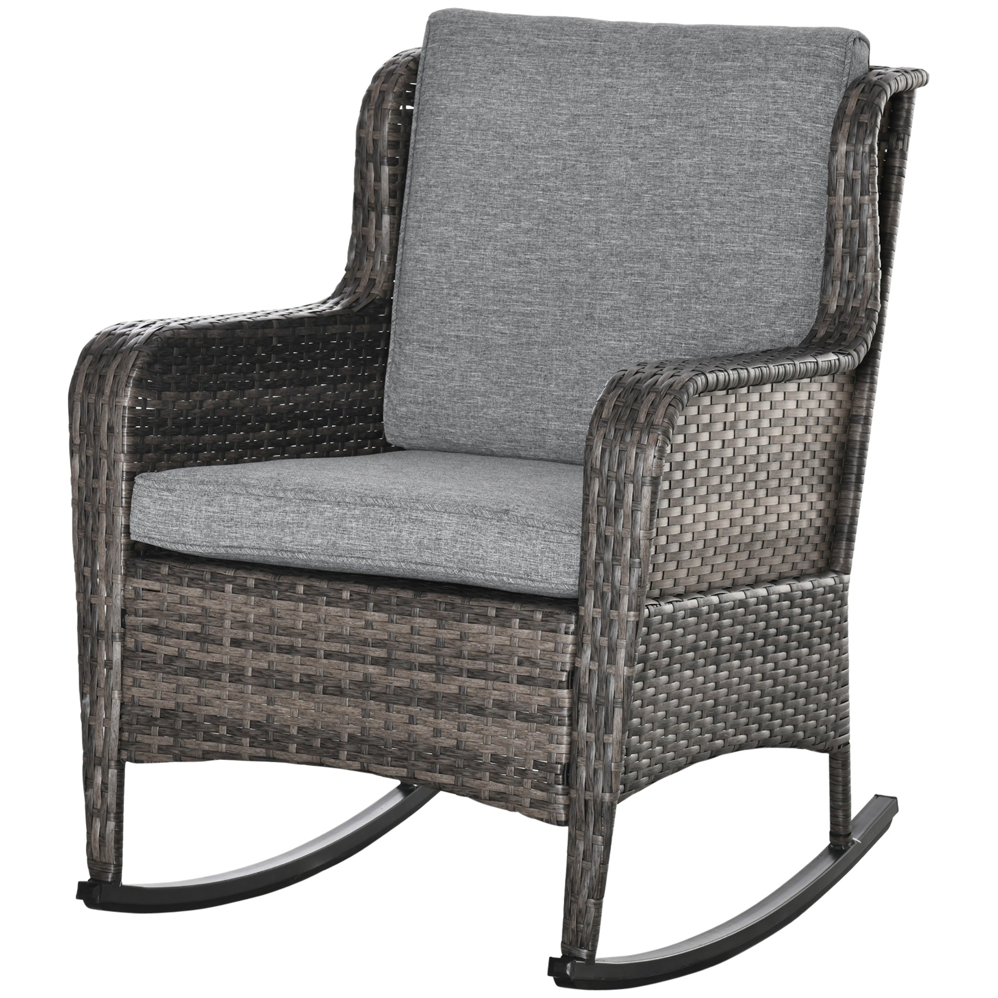 Outsunny Rocking Chair, Outdoor Wicker Chair with Wide Seat and Cushions, Rattan Rocker with Steel Frame for Patio, Garden, Backyard, Grey