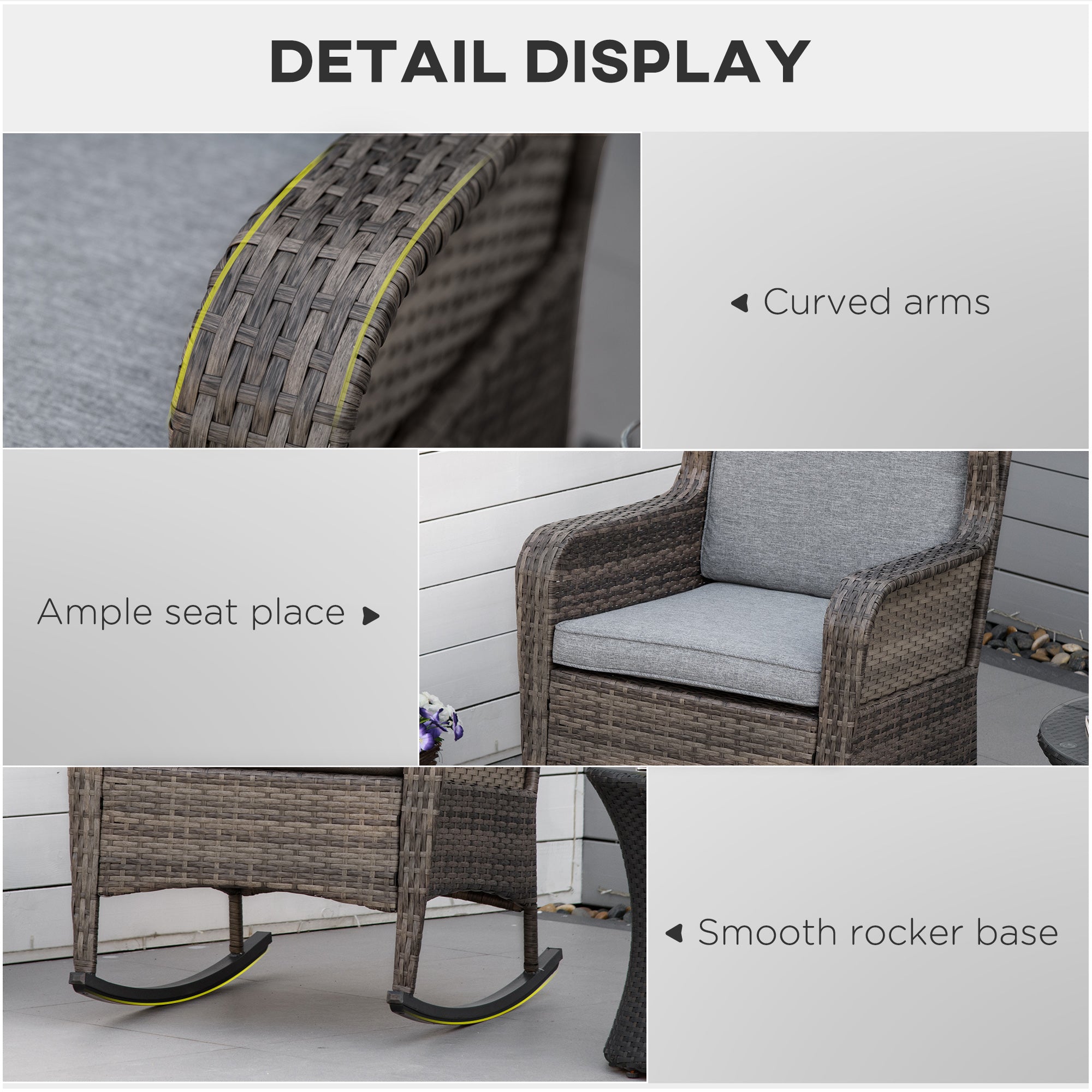 Outsunny Rocking Chair, Outdoor Wicker Chair with Wide Seat and Cushions, Rattan Rocker with Steel Frame for Patio, Garden, Backyard, Grey