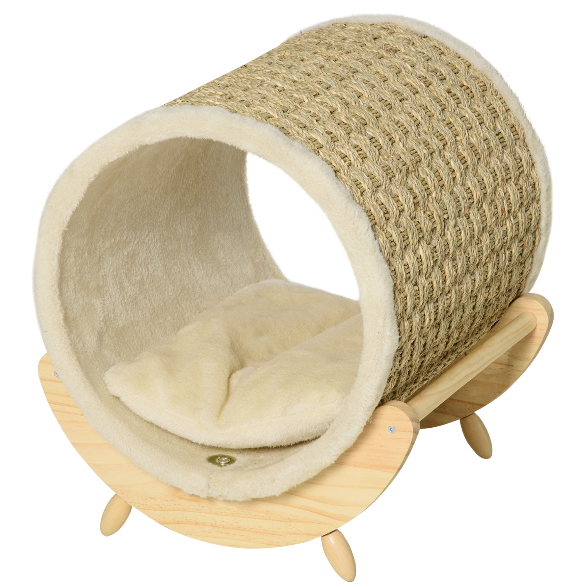 PawHut Raised Cat House Kitten Bed Pet Shelter Wrapped with Scratcher Soft Cushion, 41 x 38 x 43 cm, Beige