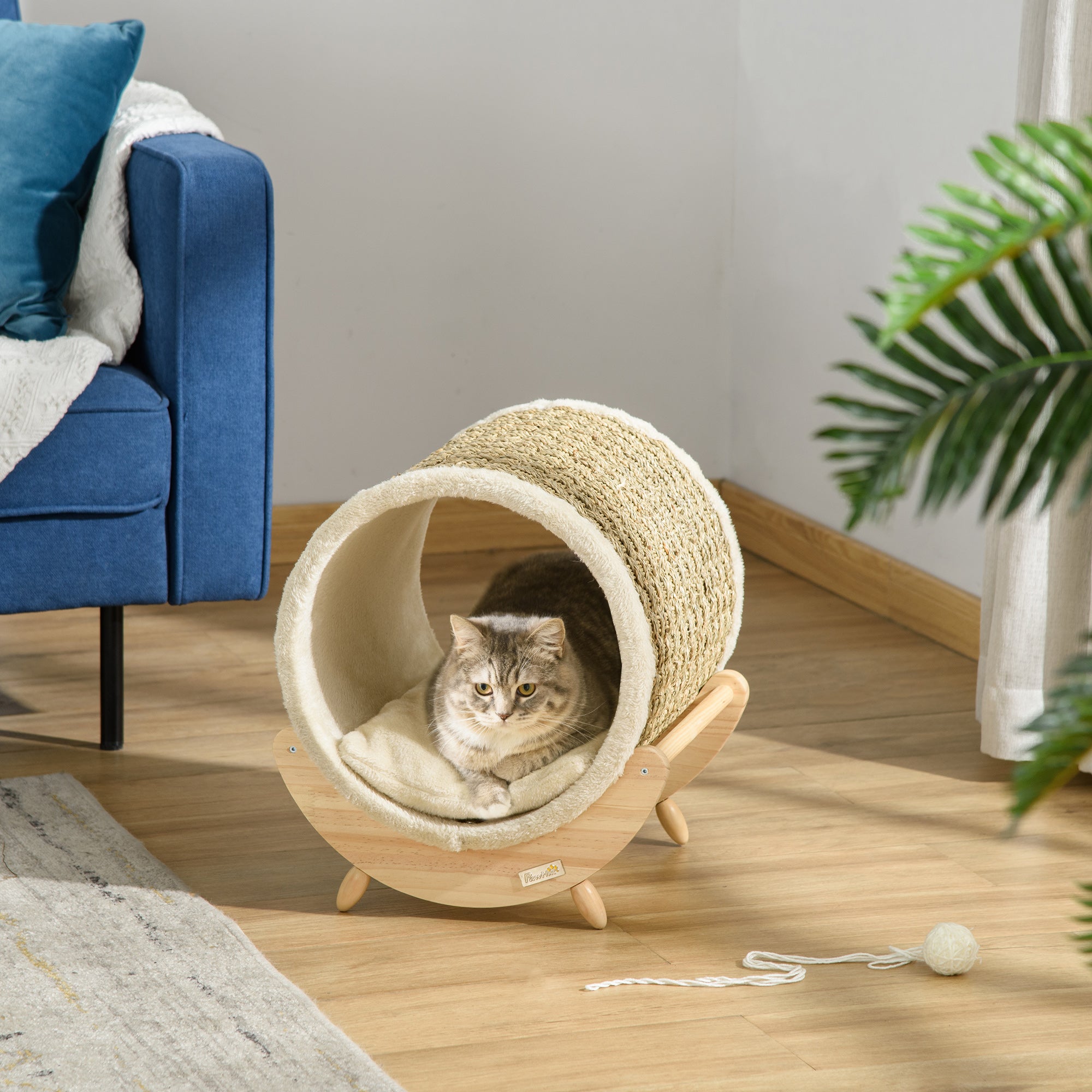 PawHut Raised Cat House Kitten Bed Pet Shelter Wrapped with Scratcher Soft Cushion, 41 x 38 x 43 cm, Beige