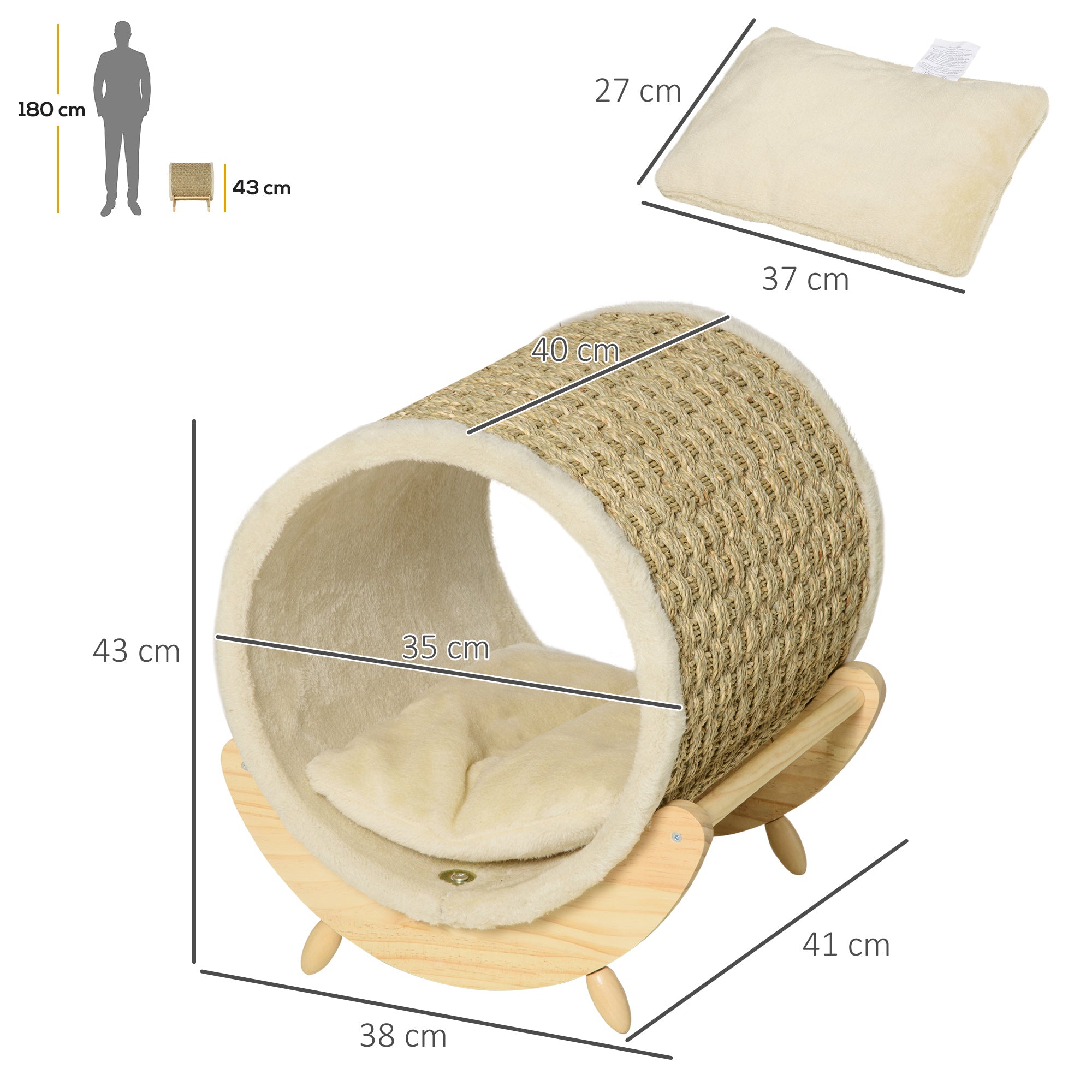 PawHut Raised Cat House Kitten Bed Pet Shelter Wrapped with Scratcher Soft Cushion, 41 x 38 x 43 cm, Beige