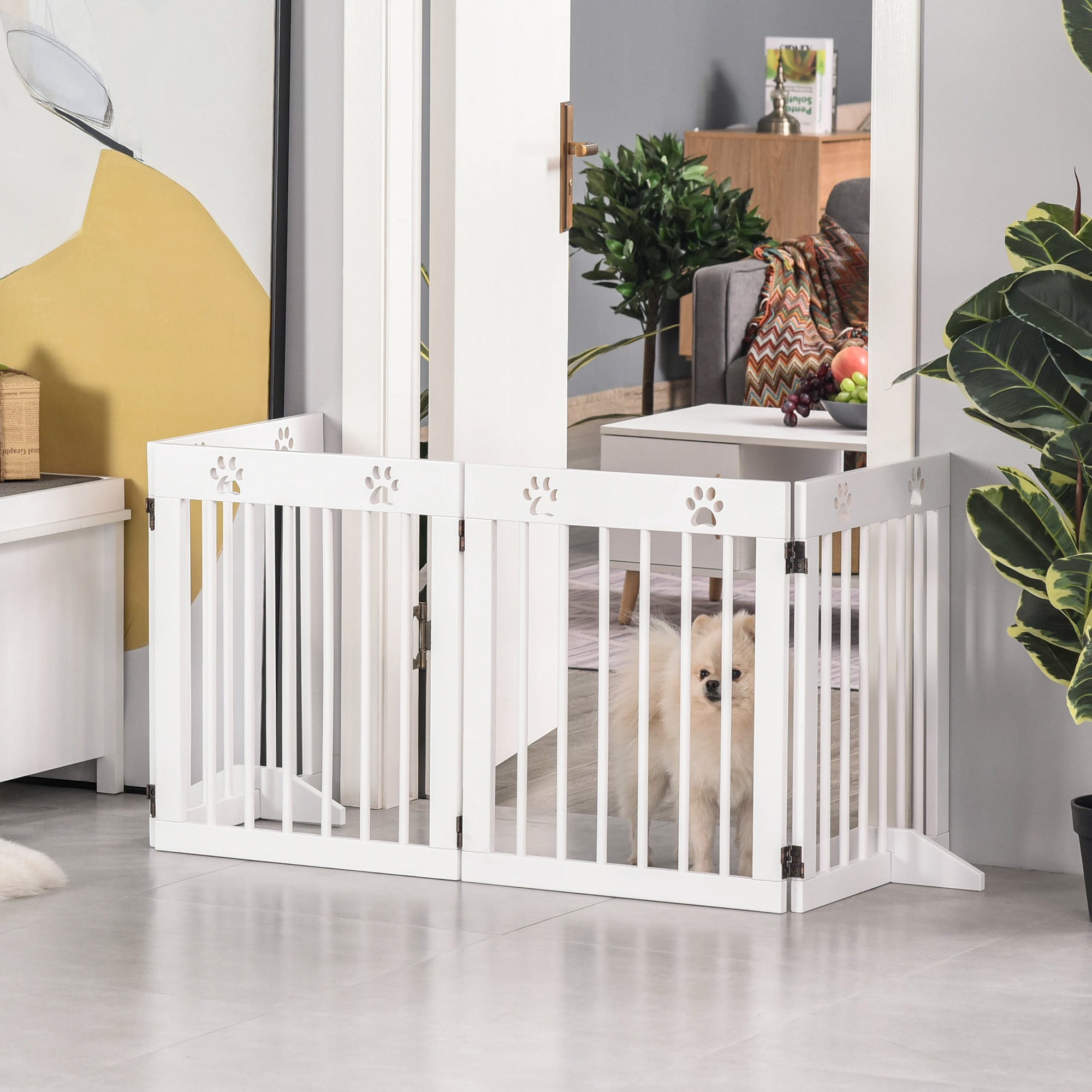 PawHut Freestanding Pet Gate 4 Panel Wooden Dog Barrier Folding Safety Fence with Support Feet up to 80.25