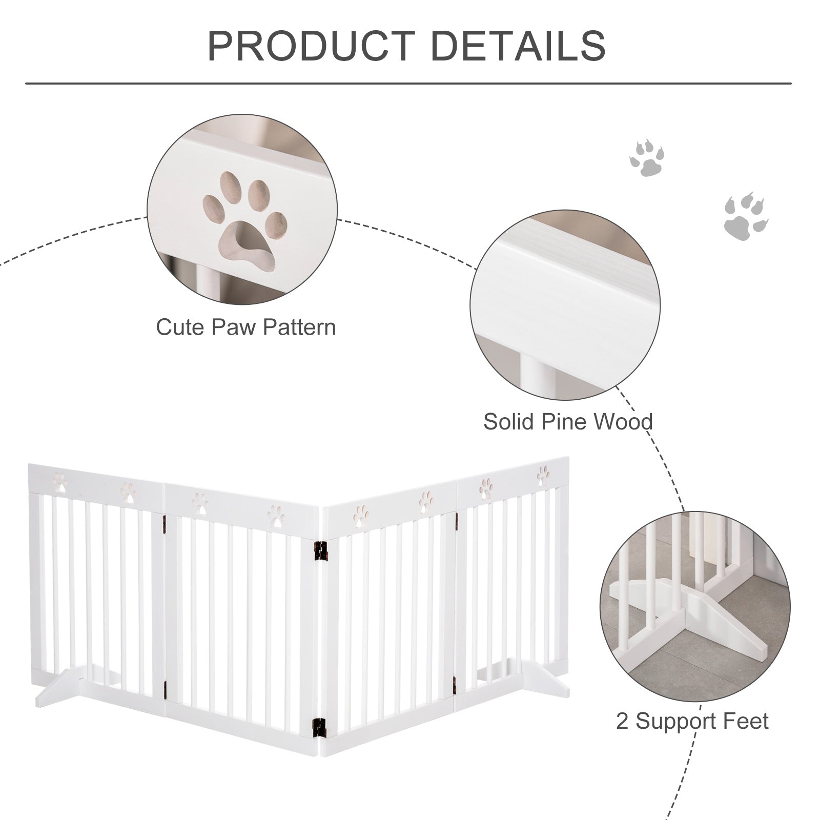 PawHut Freestanding Pet Gate 4 Panel Wooden Dog Barrier Folding Safety Fence with Support Feet up to 80.25