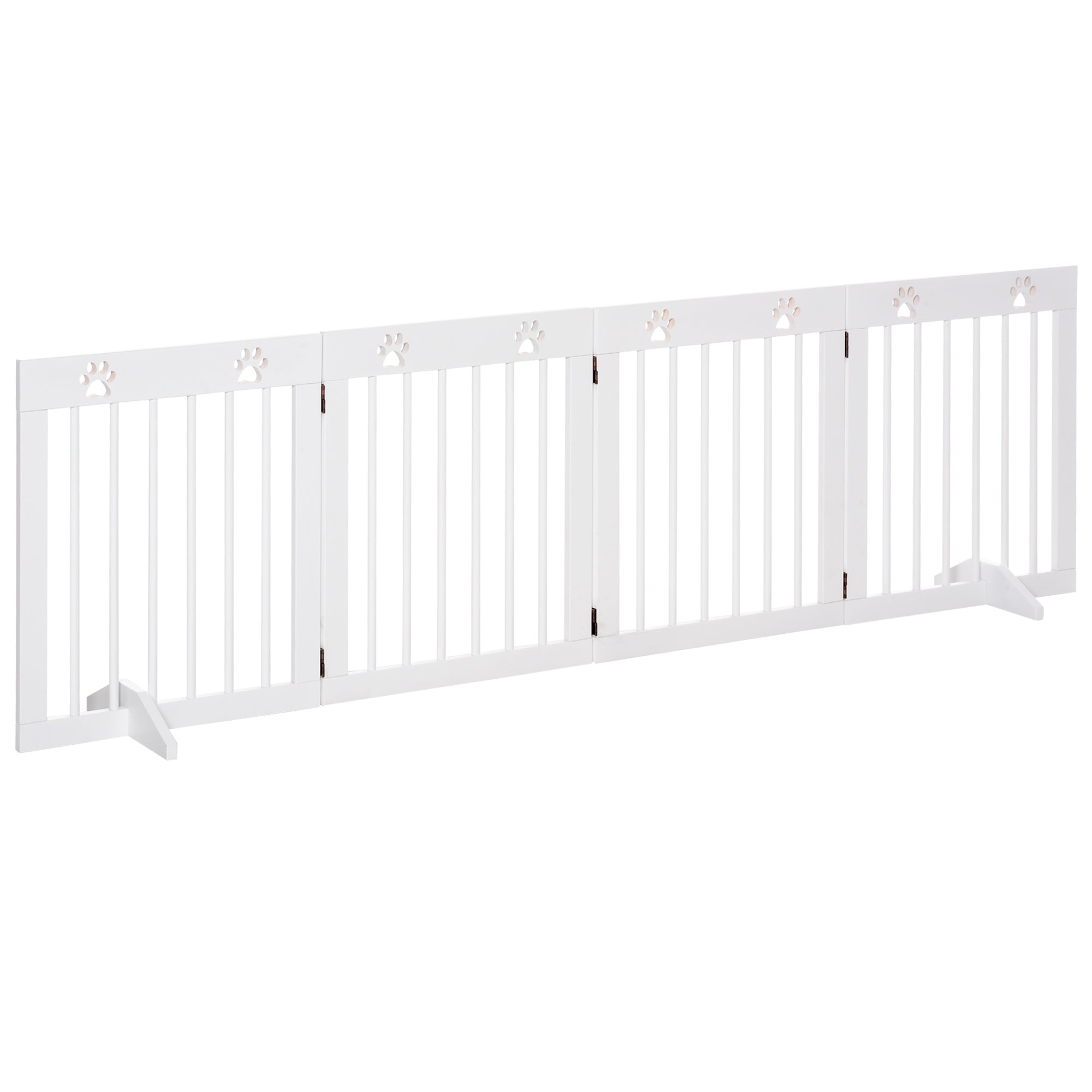 PawHut Freestanding Pet Gate 4 Panel Wooden Dog Barrier Folding Safety Fence with Support Feet up to 80.25" Long 24" Tall for Doorway Stairs White