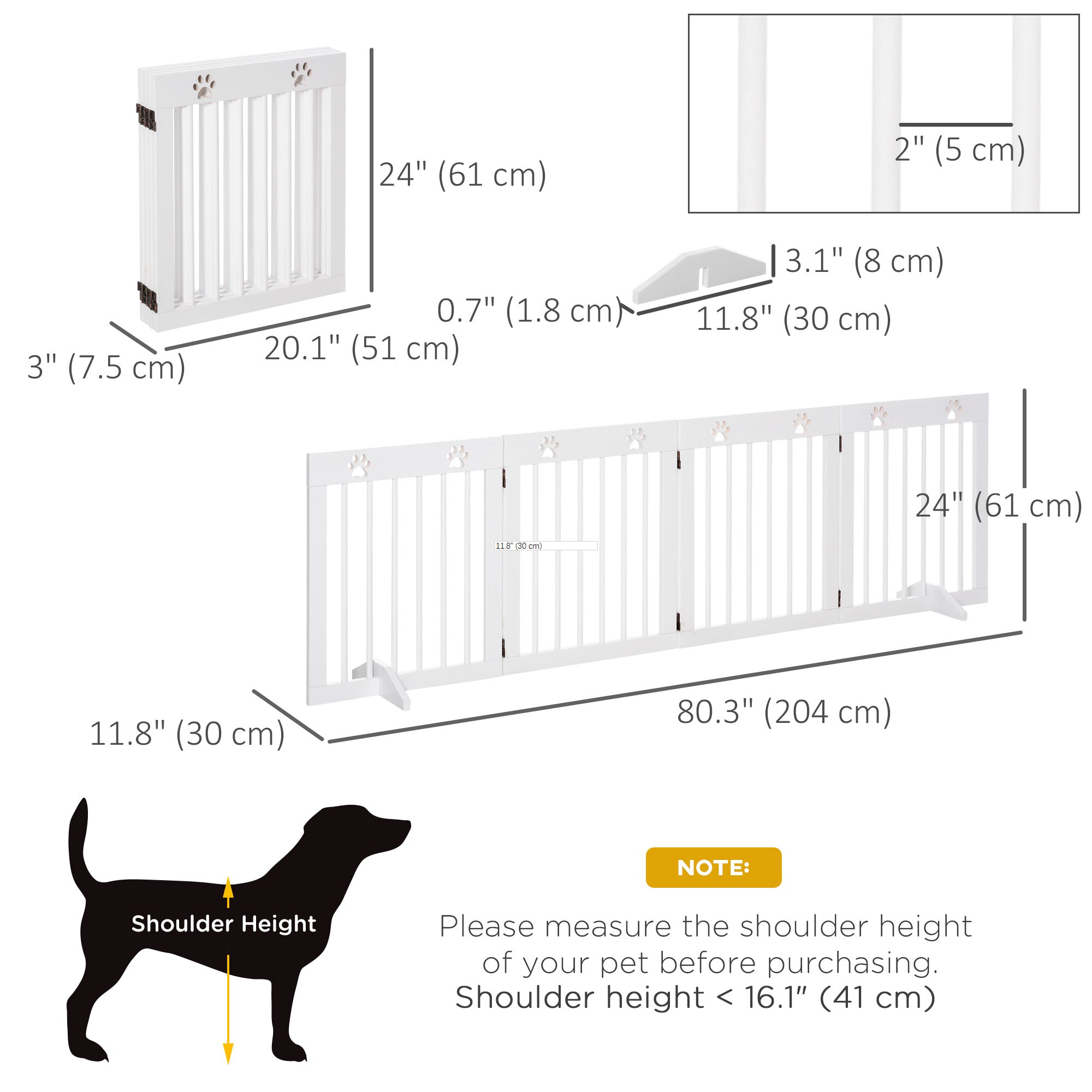 PawHut Freestanding Pet Gate 4 Panel Wooden Dog Barrier Folding Safety Fence with Support Feet up to 80.25