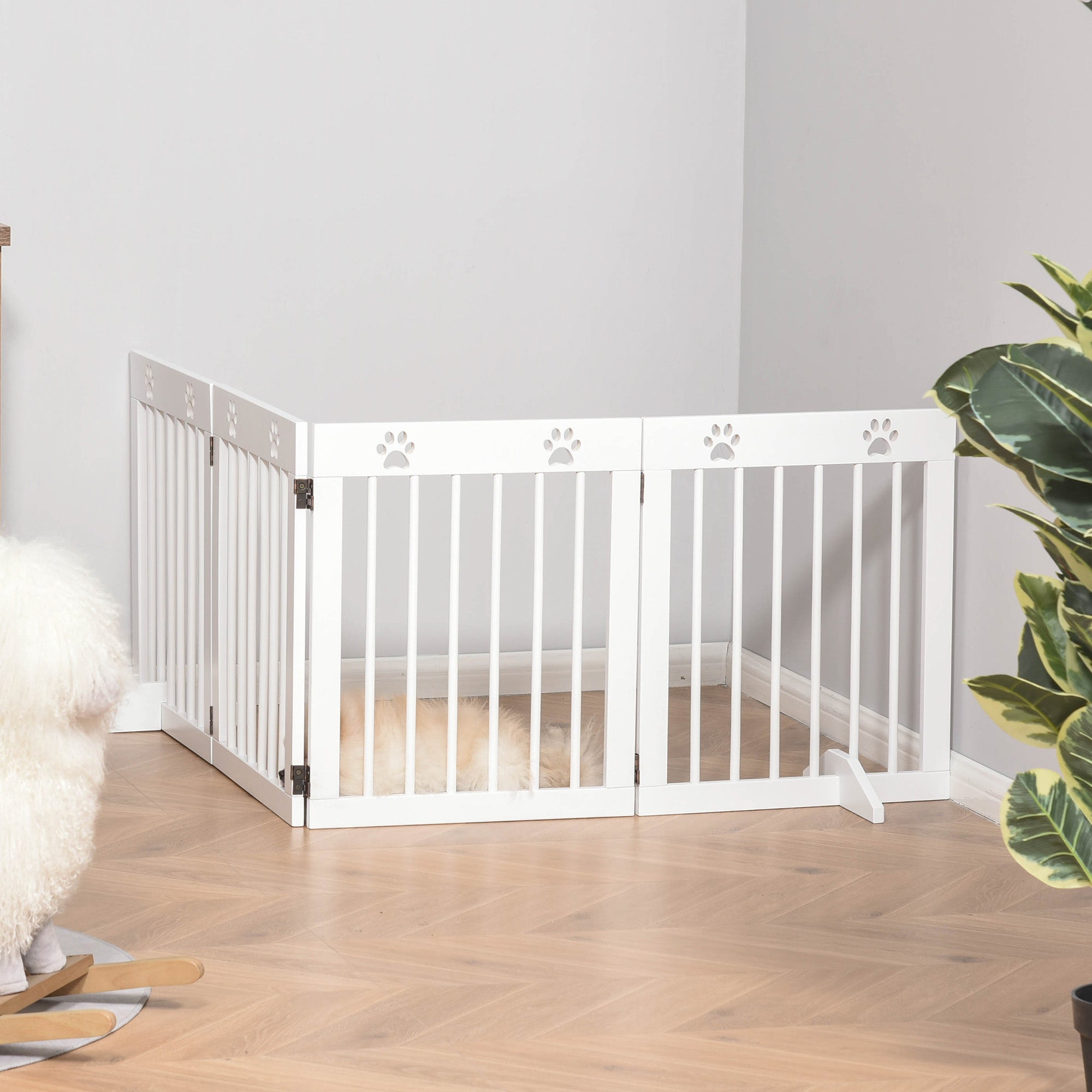 PawHut Freestanding Pet Gate 4 Panel Wooden Dog Barrier Folding Safety Fence with Support Feet up to 80.25" Long 24" Tall for Doorway Stairs White
