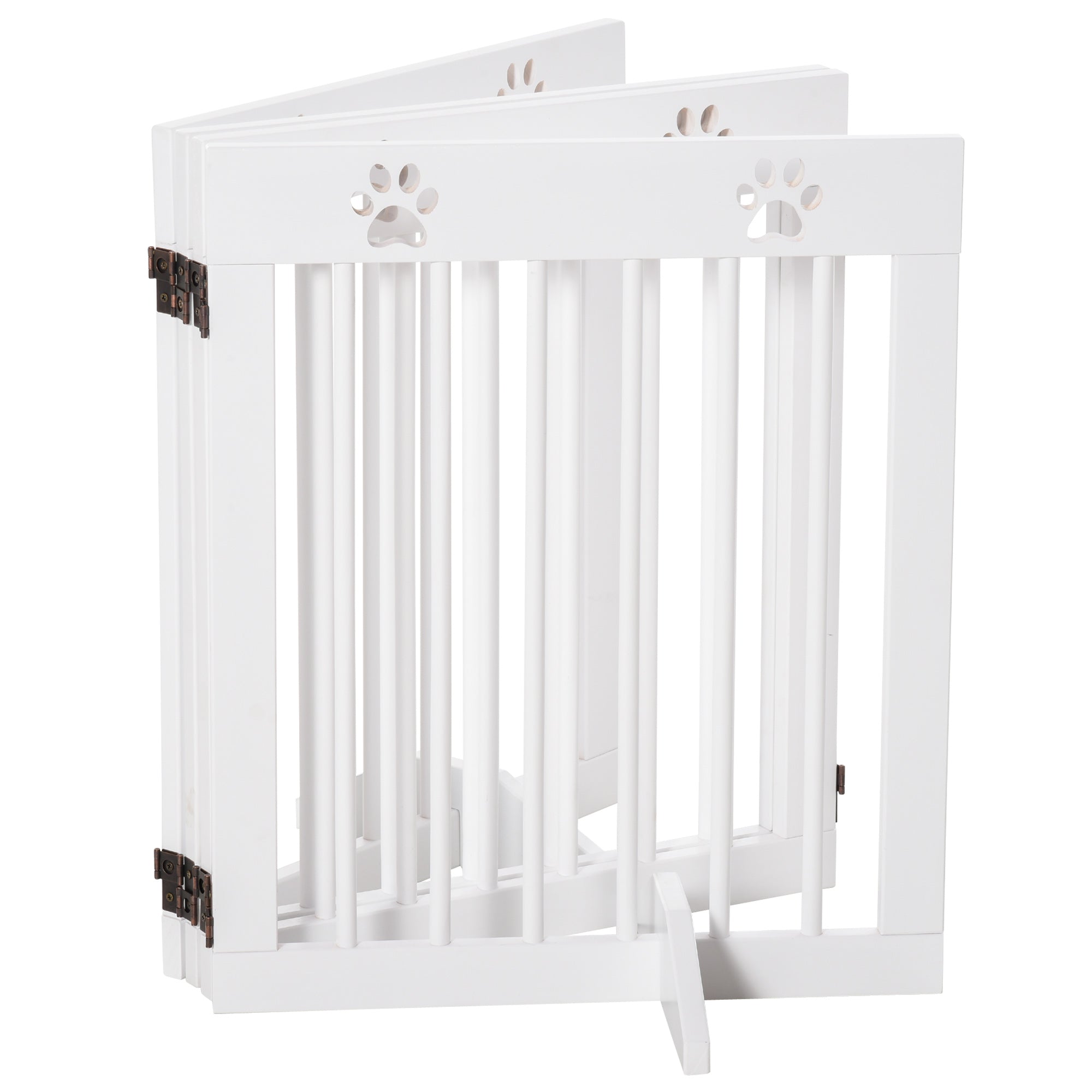 PawHut Freestanding Pet Gate 4 Panel Wooden Dog Barrier Folding Safety Fence with Support Feet up to 80.25" Long 24" Tall for Doorway Stairs White