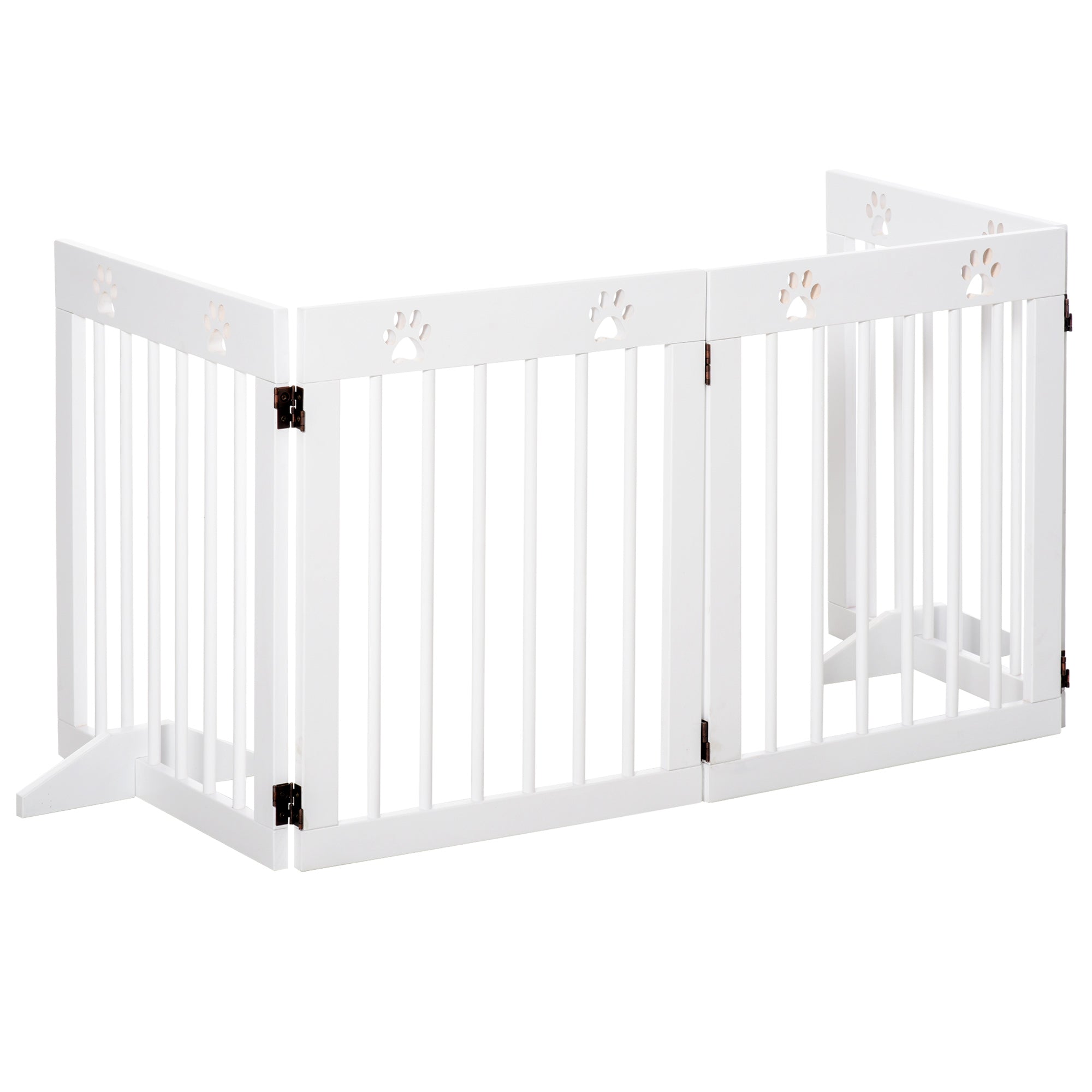 PawHut Freestanding Pet Gate 4 Panel Wooden Dog Barrier Folding Safety Fence with Support Feet up to 80.25" Long 24" Tall for Doorway Stairs White