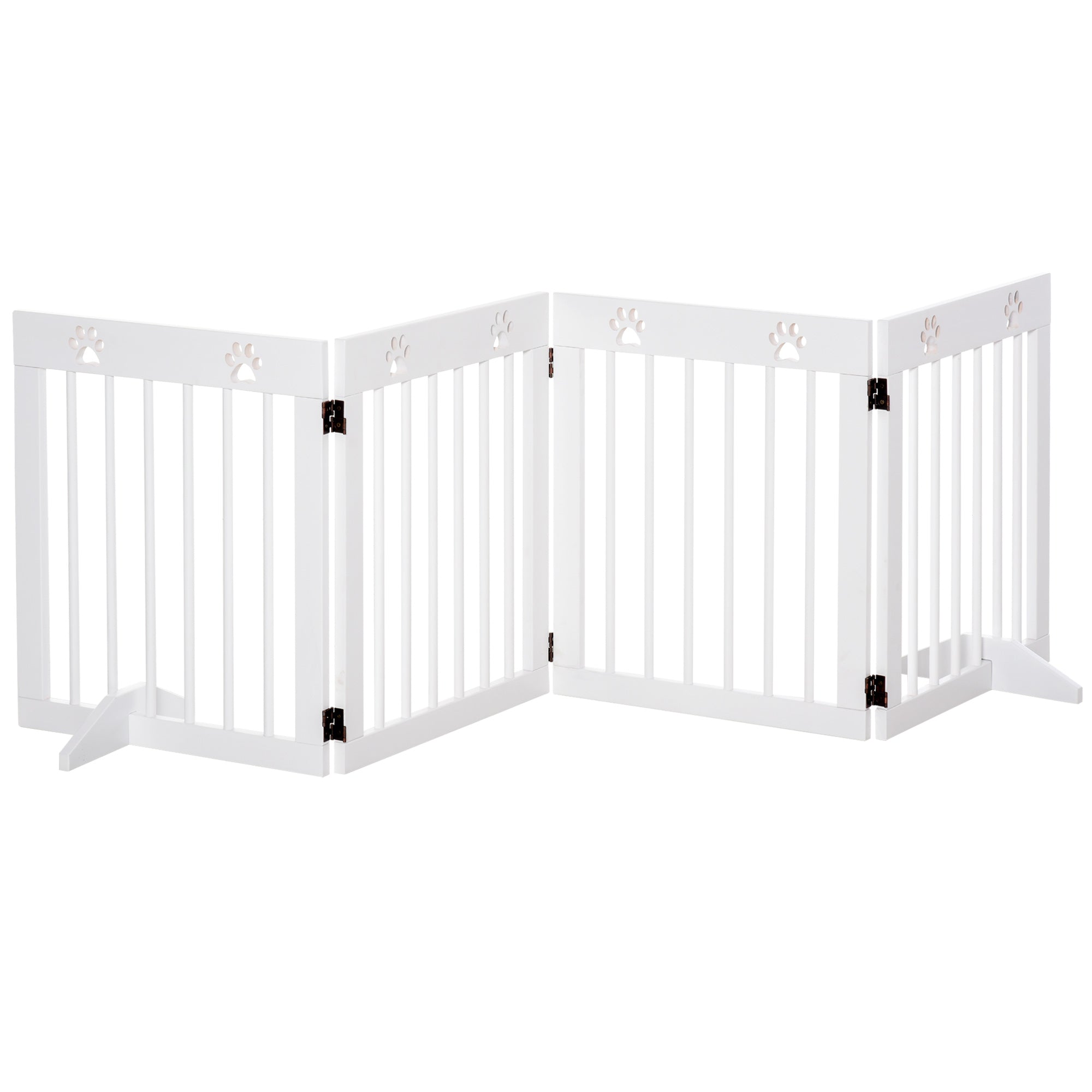 PawHut Freestanding Pet Gate 4 Panel Wooden Dog Barrier Folding Safety Fence with Support Feet up to 80.25" Long 24" Tall for Doorway Stairs White