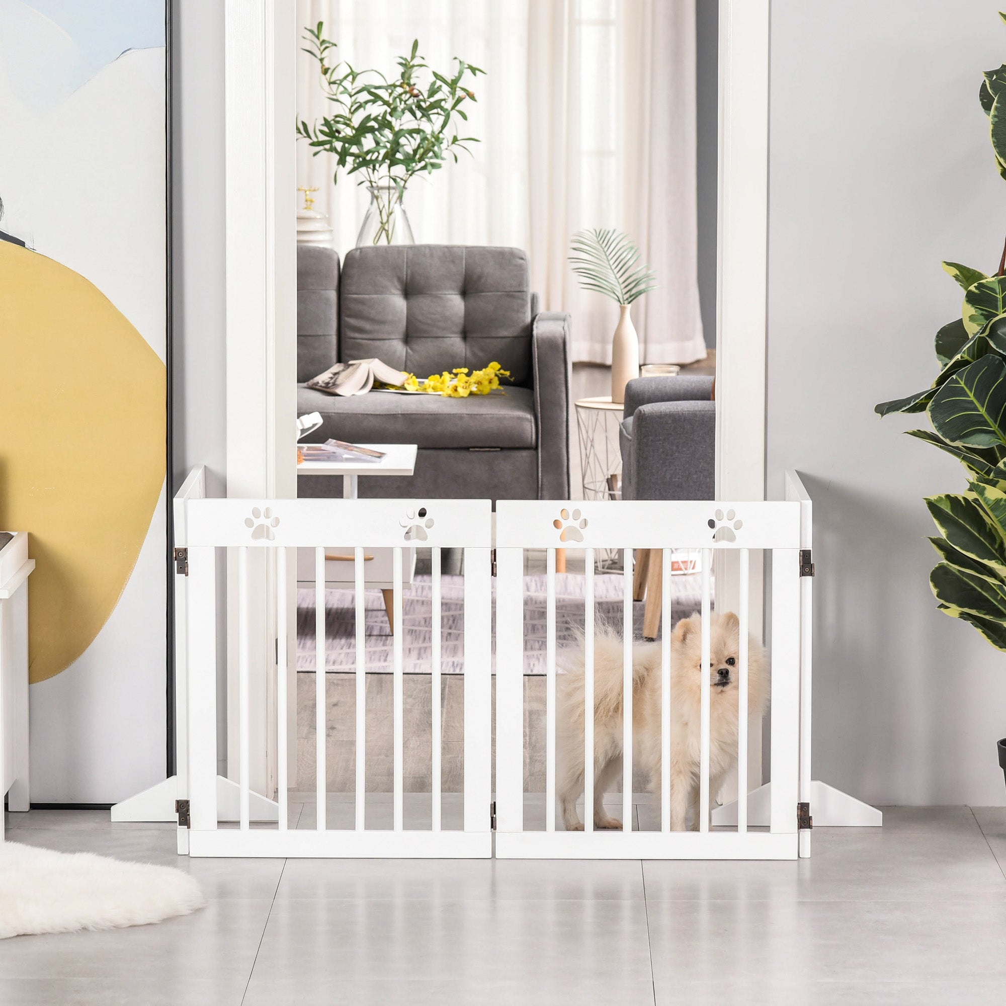 PawHut Freestanding Pet Gate 4 Panel Wooden Dog Barrier Folding Safety Fence with Support Feet up to 80.25" Long 24" Tall for Doorway Stairs White