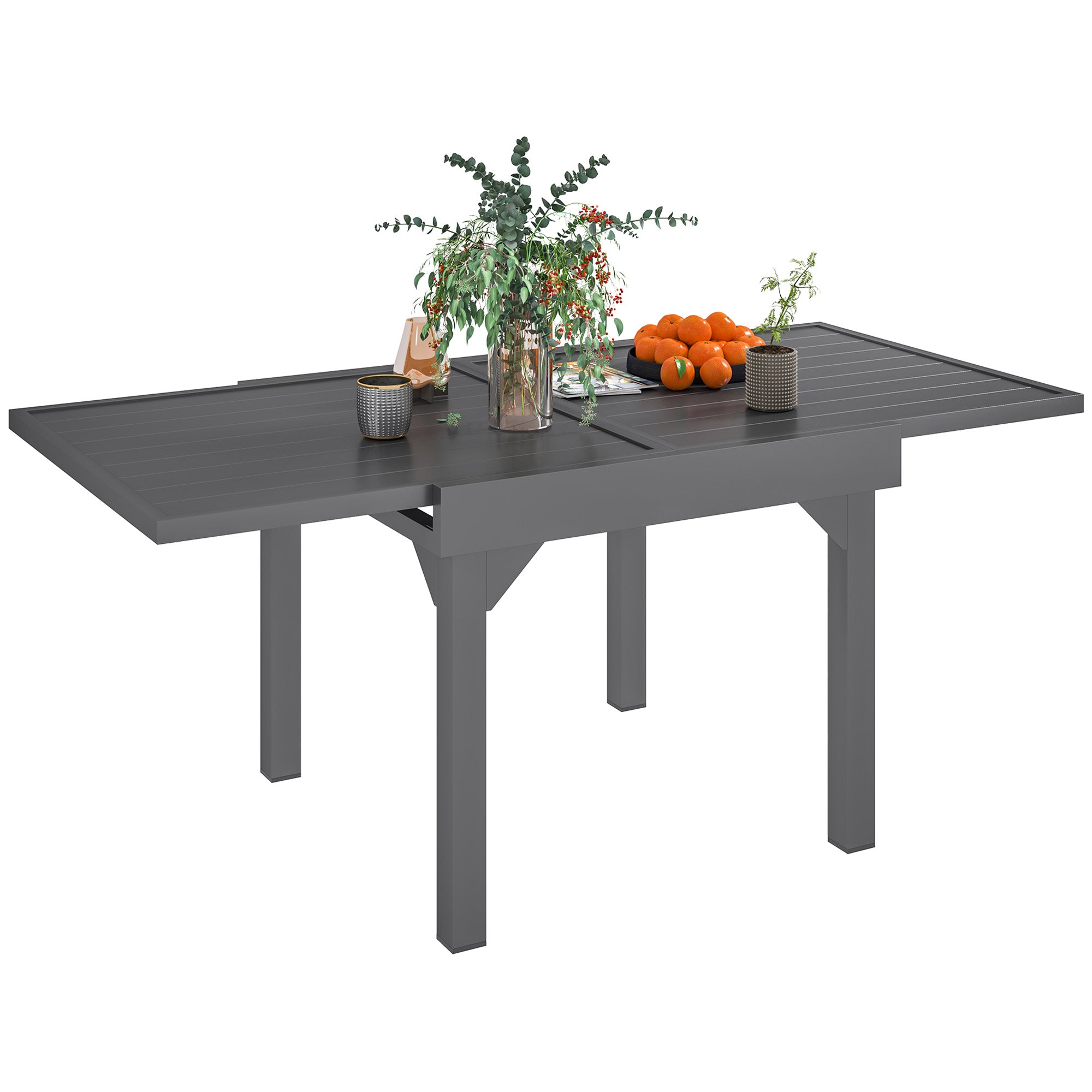 Outsunny Extendable Aluminium Outdoor Dining Table for 4-6 Person, 35"-71" Slatted Metal Patio Table for Garden, Backyard, Deck, Porch, Lawn, Grey