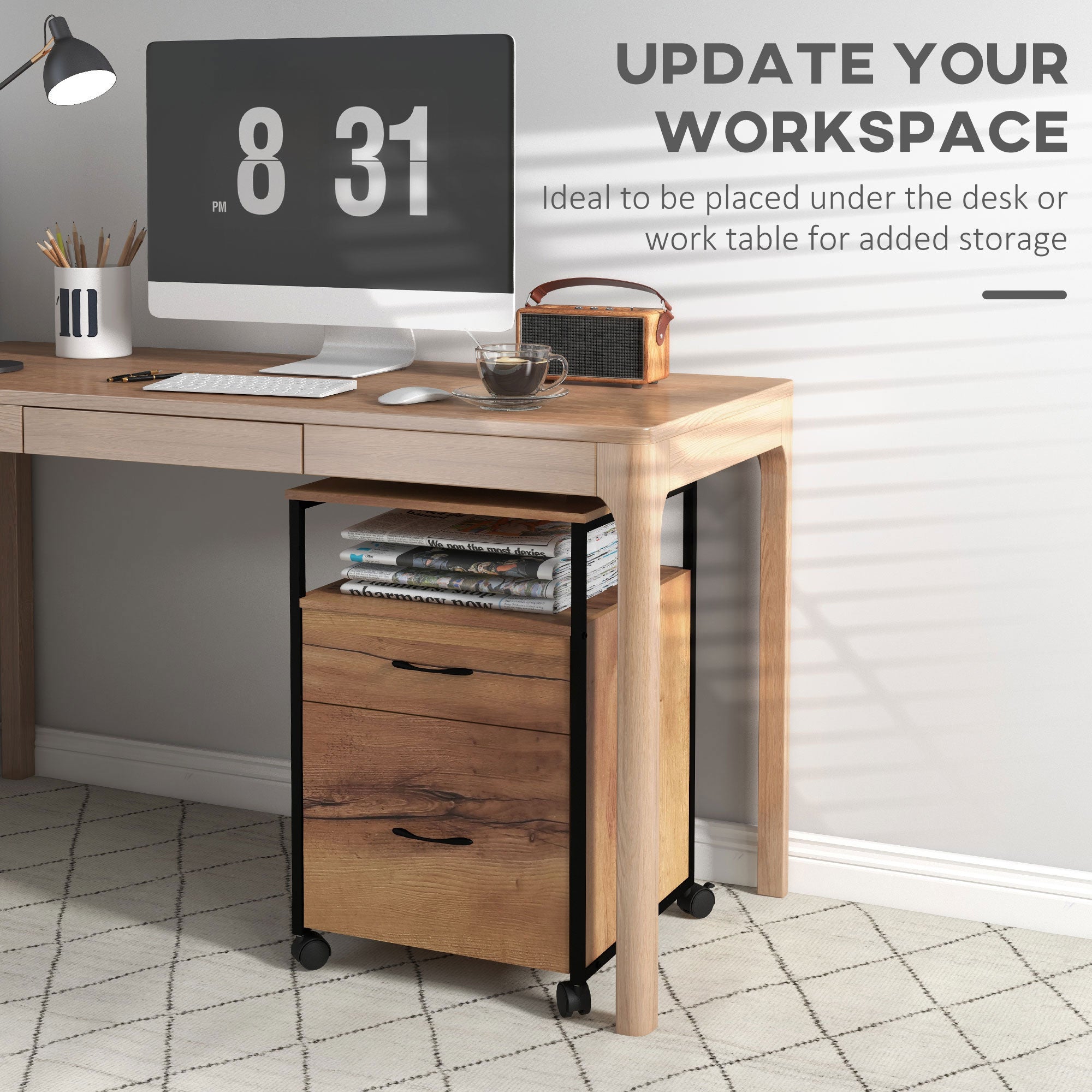 Vinsetto Vertical Filing Cabinet with Wheels, 26.2" Tall File Cabinet with 2 Drawers, Open Shelf, Hanging Bars for Letter and A4 Size, Industrial Printer Stand, Rustic Brown