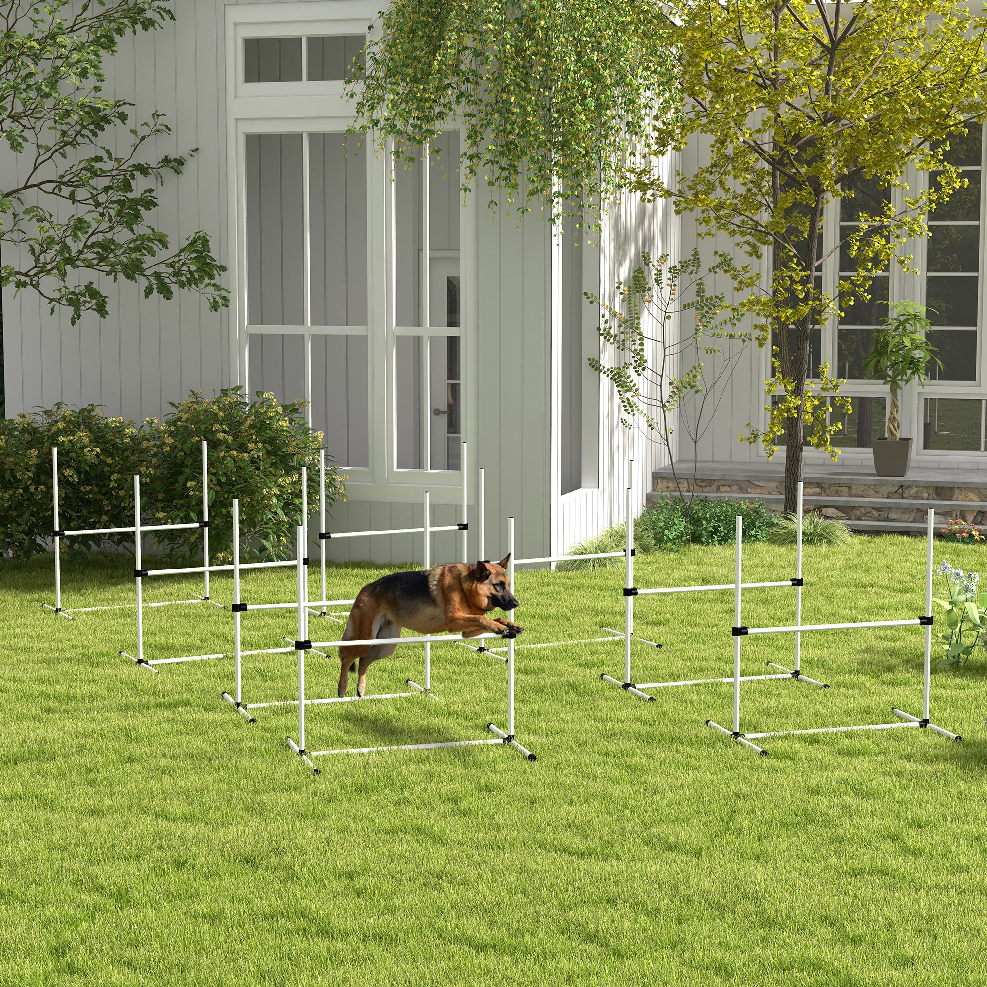 PawHut 8 Piece Dog Agility Training Equipment for Dog Agility Course with Adjustable Height Jump Bars, Included Carry Bag, & Displacing Top Bar, White
