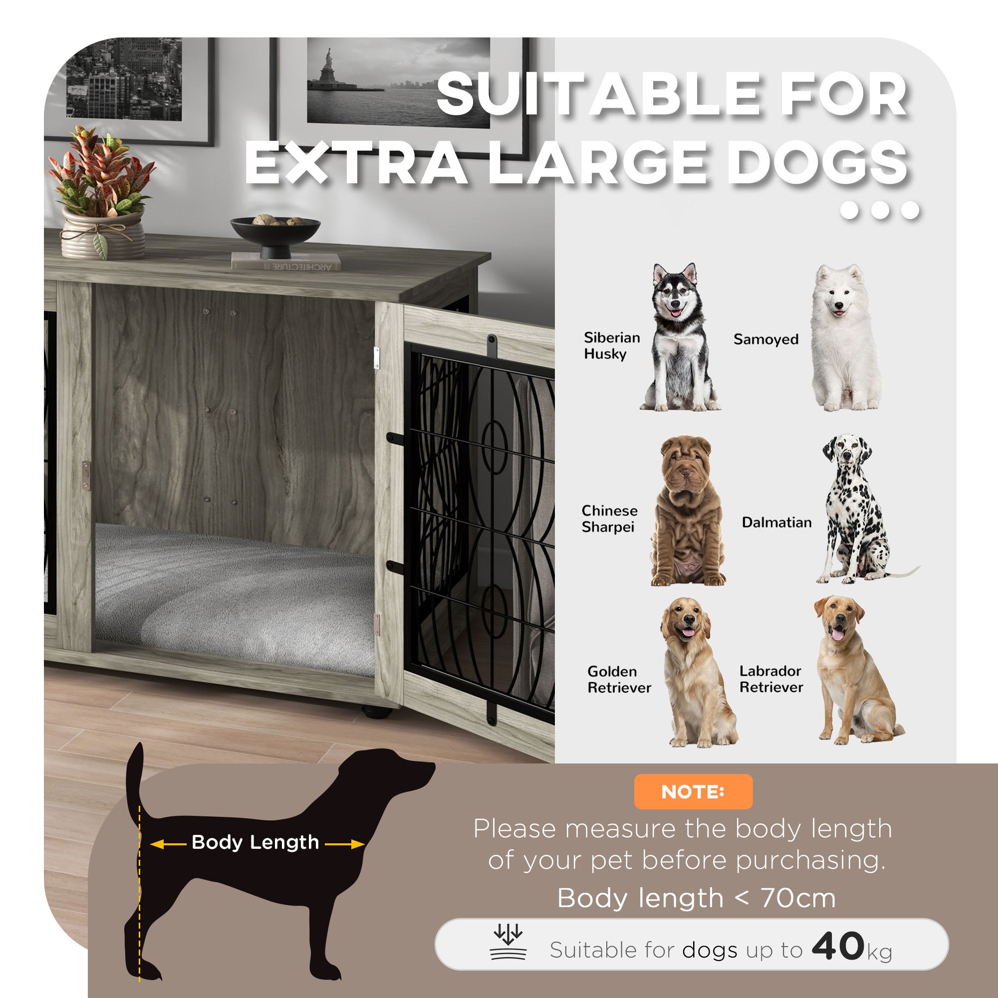 PawHut Dog Crate Furniture, End Table with Large Top, Indoor Pet Crate with Soft Washable Cushion, Lockable Front Door, Wire Mesh Ventilation, for Extra Large Dogs, Grey Wood-Effect, 118 x 75 x 82cm