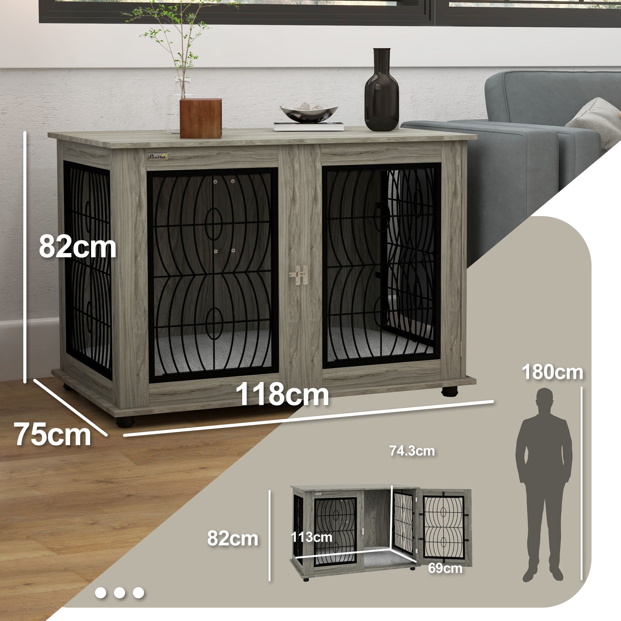 PawHut Dog Crate Furniture, End Table with Large Top, Indoor Pet Crate with Soft Washable Cushion, Lockable Front Door, Wire Mesh Ventilation, for Extra Large Dogs, Grey Wood-Effect, 118 x 75 x 82cm