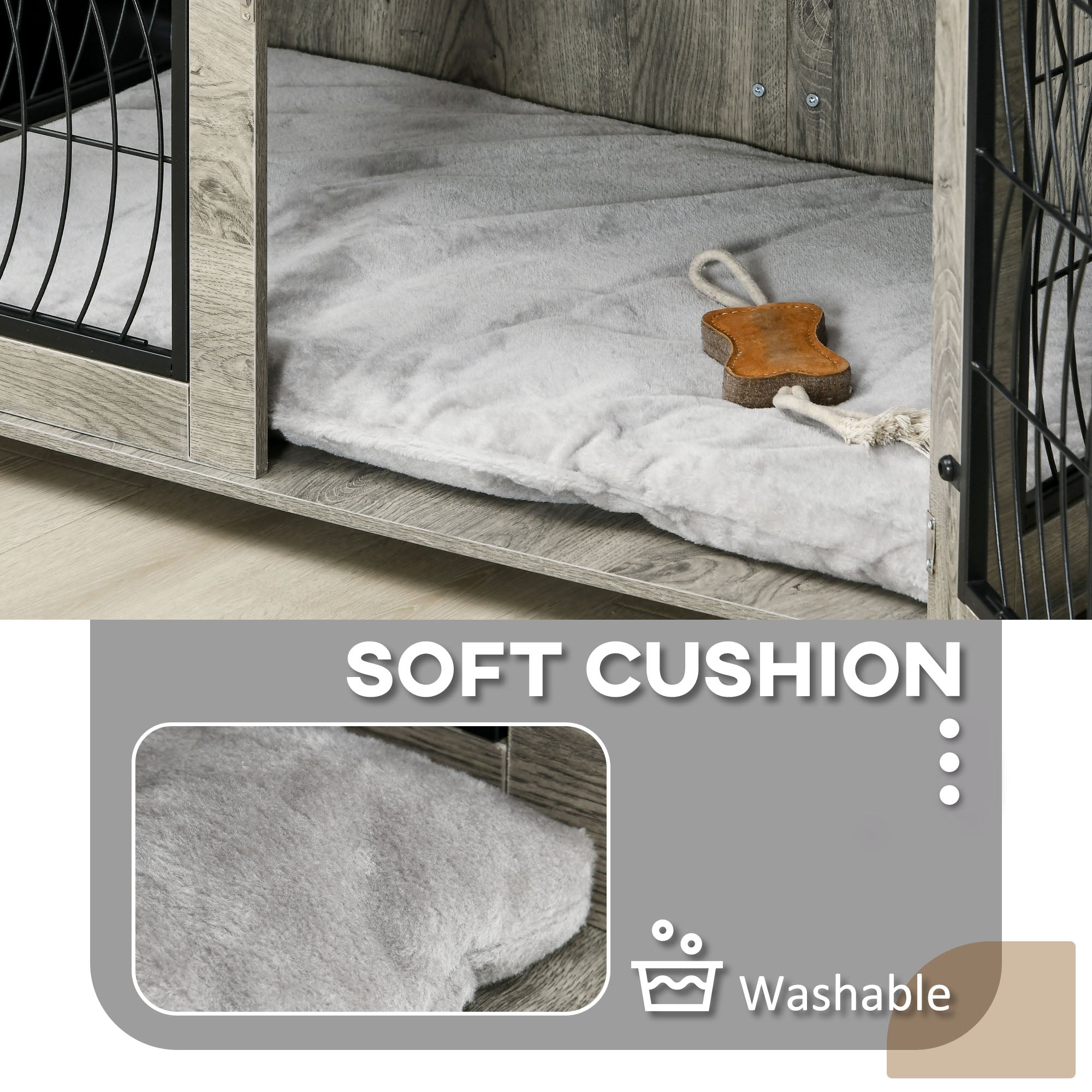 PawHut Dog Crate Furniture, End Table with Large Top, Indoor Pet Crate with Soft Washable Cushion, Lockable Front Door, Wire Mesh Ventilation, for Extra Large Dogs, Grey Wood-Effect, 118 x 75 x 82cm