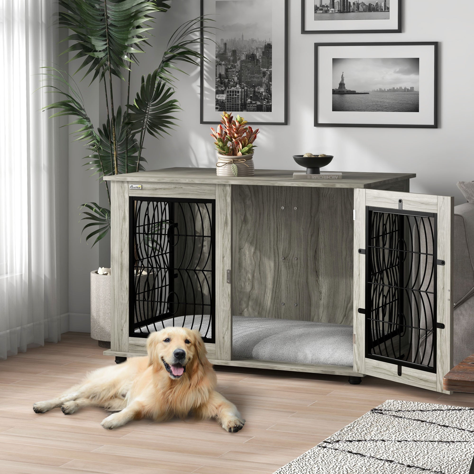 PawHut Dog Crate Furniture, End Table with Large Top, Indoor Pet Crate with Soft Washable Cushion, Lockable Front Door, Wire Mesh Ventilation, for Extra Large Dogs, Grey Wood-Effect, 118 x 75 x 82cm