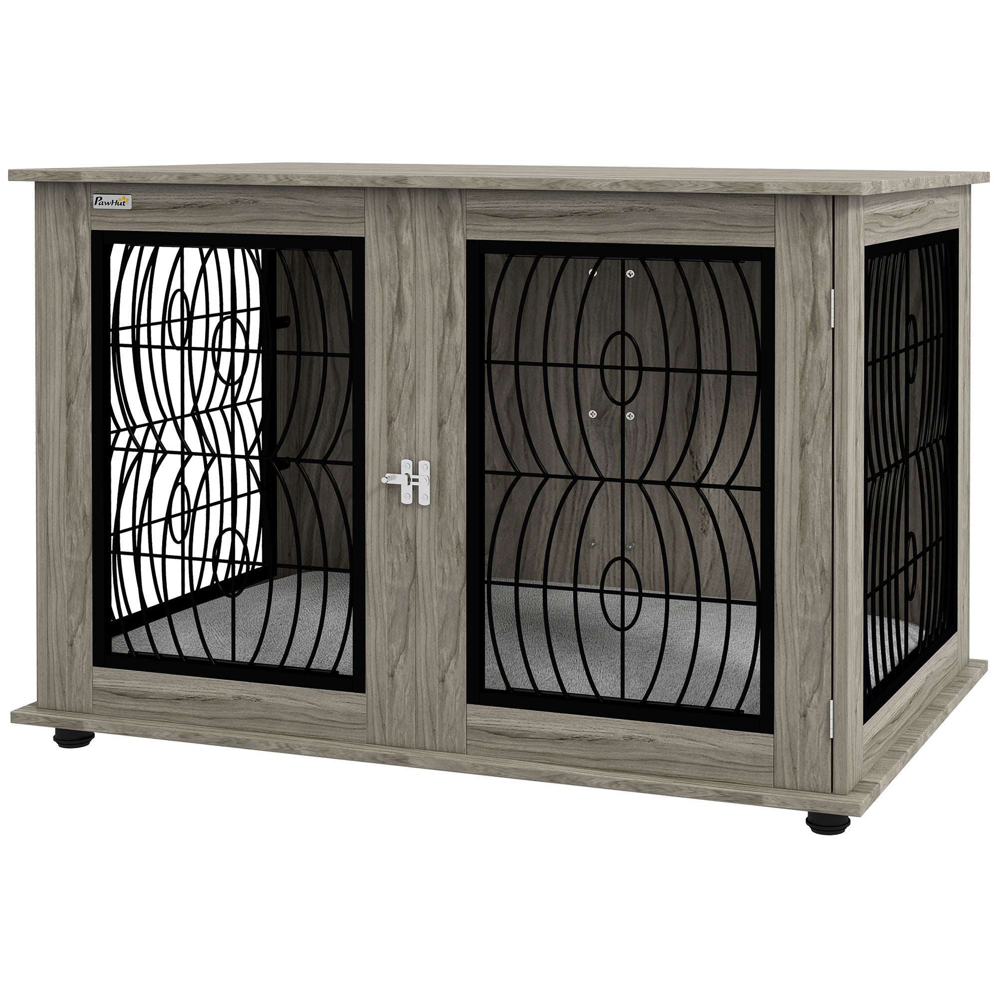 PawHut Dog Crate Furniture, End Table with Large Top, Indoor Pet Crate with Soft Washable Cushion, Lockable Front Door, Wire Mesh Ventilation, for Extra Large Dogs, Grey Wood-Effect, 118 x 75 x 82cm