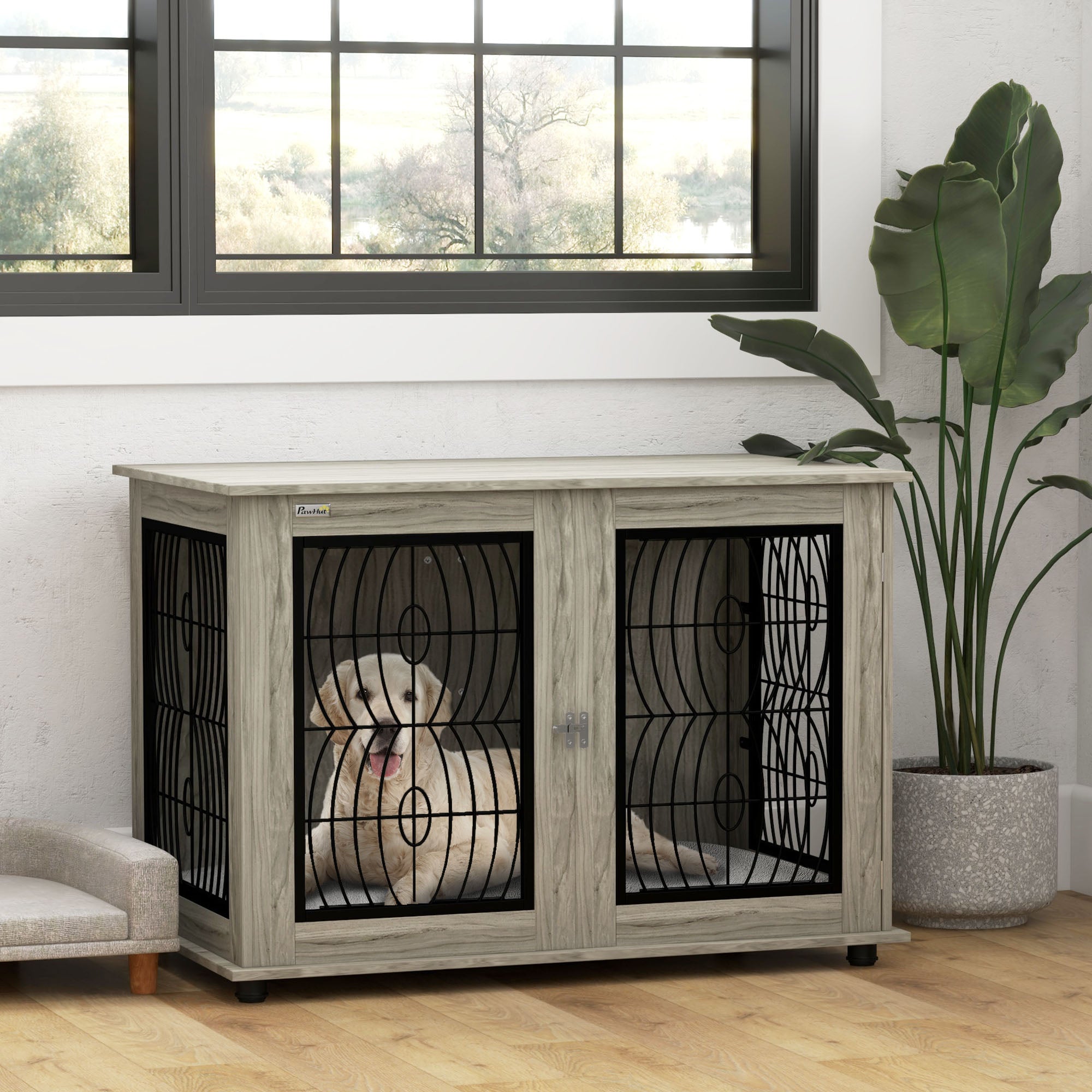 PawHut Dog Crate Furniture, End Table with Large Top, Indoor Pet Crate with Soft Washable Cushion, Lockable Front Door, Wire Mesh Ventilation, for Extra Large Dogs, Grey Wood-Effect, 118 x 75 x 82cm