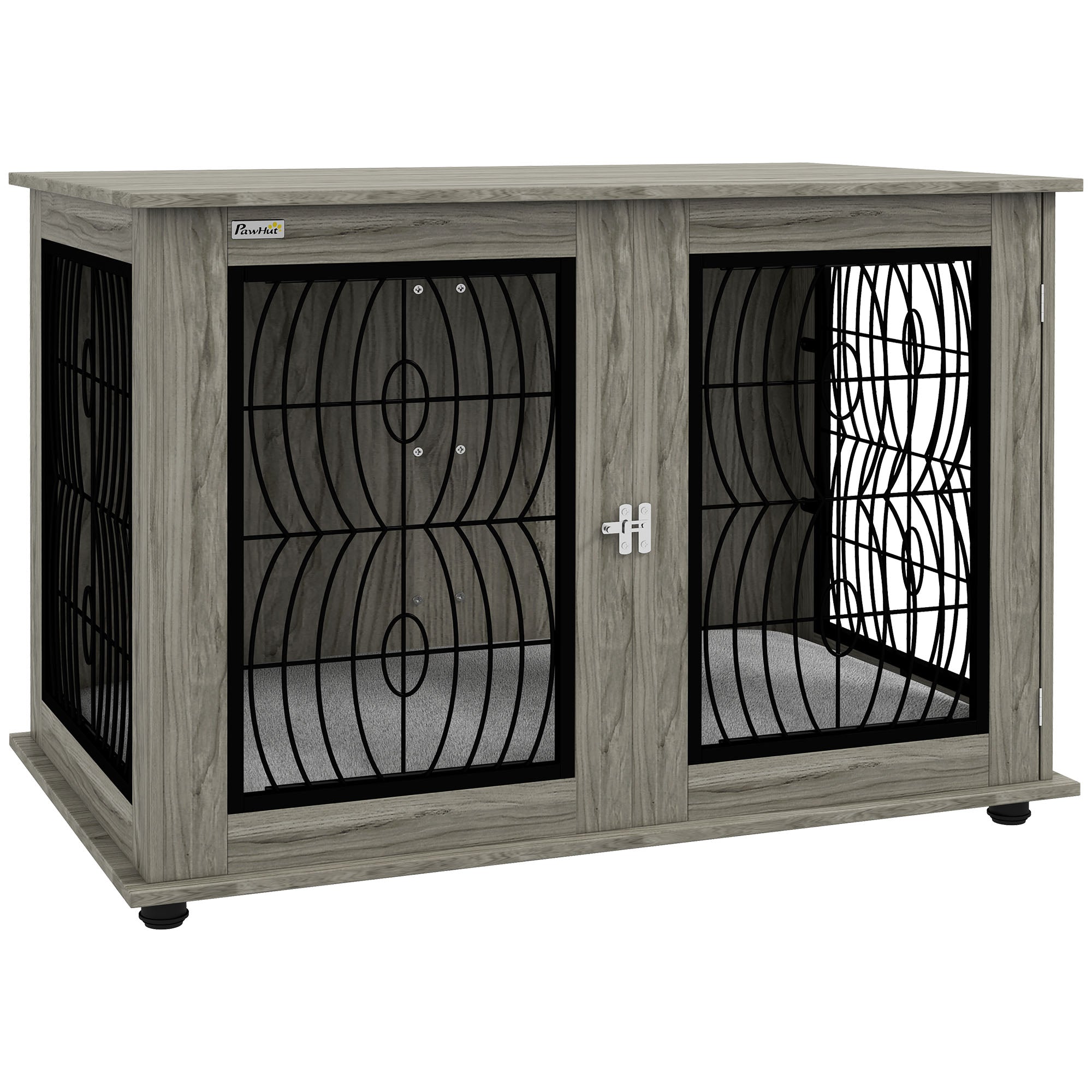 PawHut Dog Crate Furniture, End Table with Large Top, Indoor Pet Crate with Soft Washable Cushion, Lockable Front Door, Wire Mesh Ventilation, for Extra Large Dogs, Grey Wood-Effect, 118 x 75 x 82cm