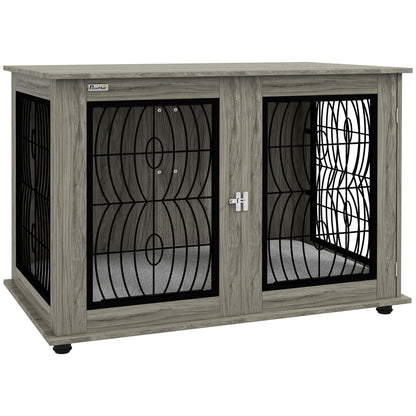 PawHut Dog Crate Furniture, End Table with Large Top, Indoor Pet Crate with Soft Washable Cushion, Lockable Front Door, Wire Mesh Ventilation, for Extra Large Dogs, Grey Wood-Effect, 118 x 75 x 82cm