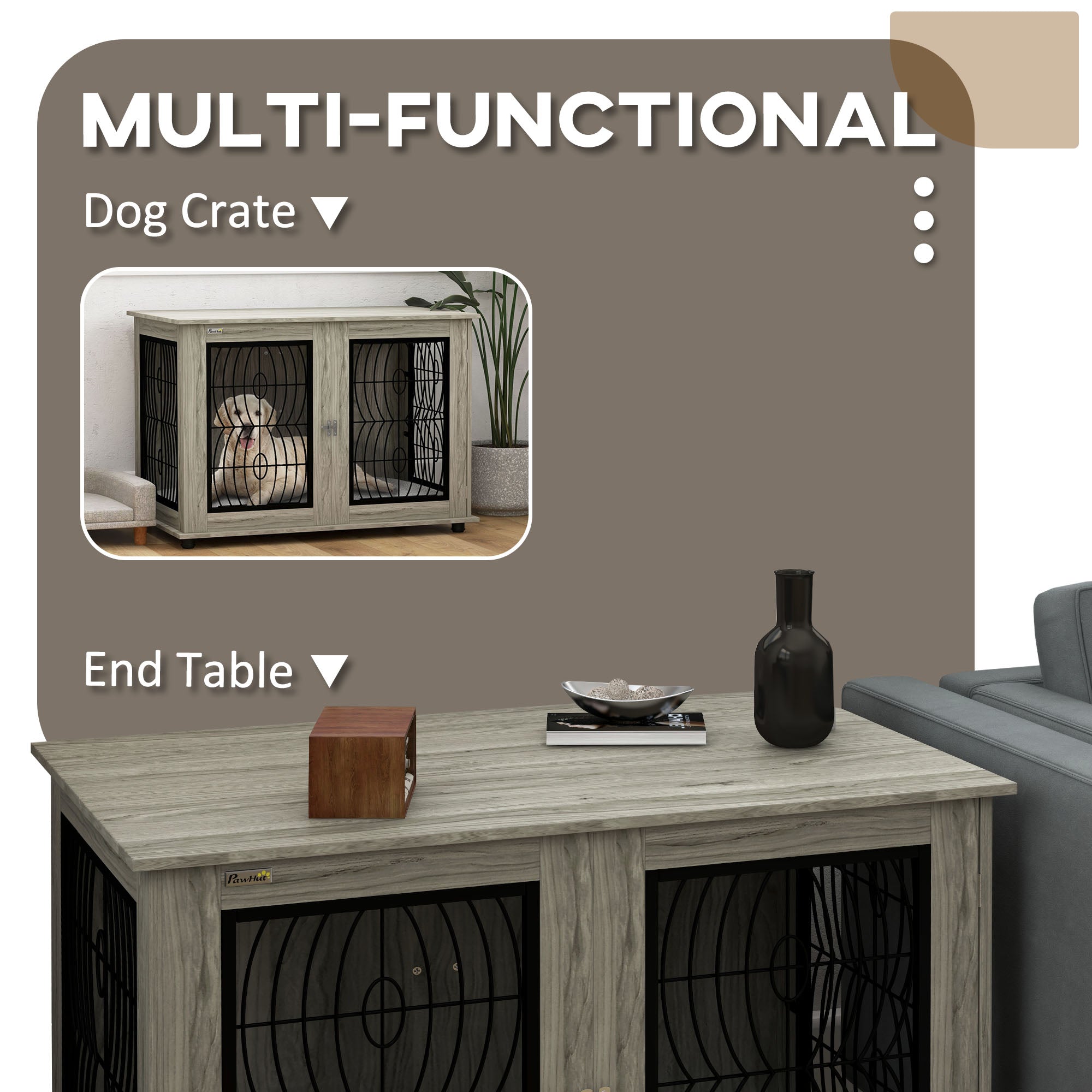 PawHut Dog Crate Furniture, End Table with Large Top, Indoor Pet Crate with Soft Washable Cushion, Lockable Front Door, Wire Mesh Ventilation, for Extra Large Dogs, Grey Wood-Effect, 118 x 75 x 82cm