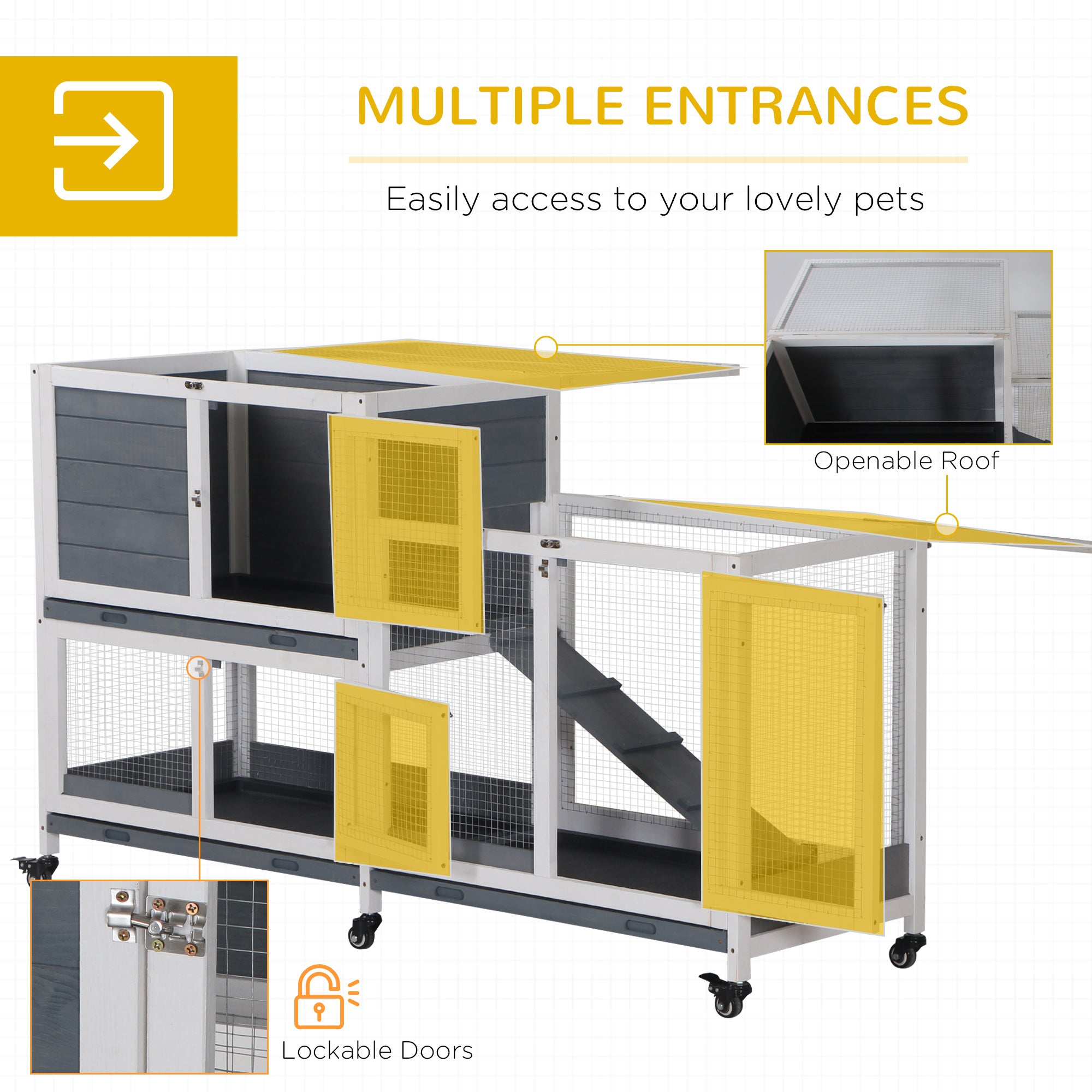 PawHut Wooden Rabbit Hutch Elevated Pet House Bunny Cage Small Animal Habitat with Slide-out Tray Lockable Door Openable Top for Indoor 58
