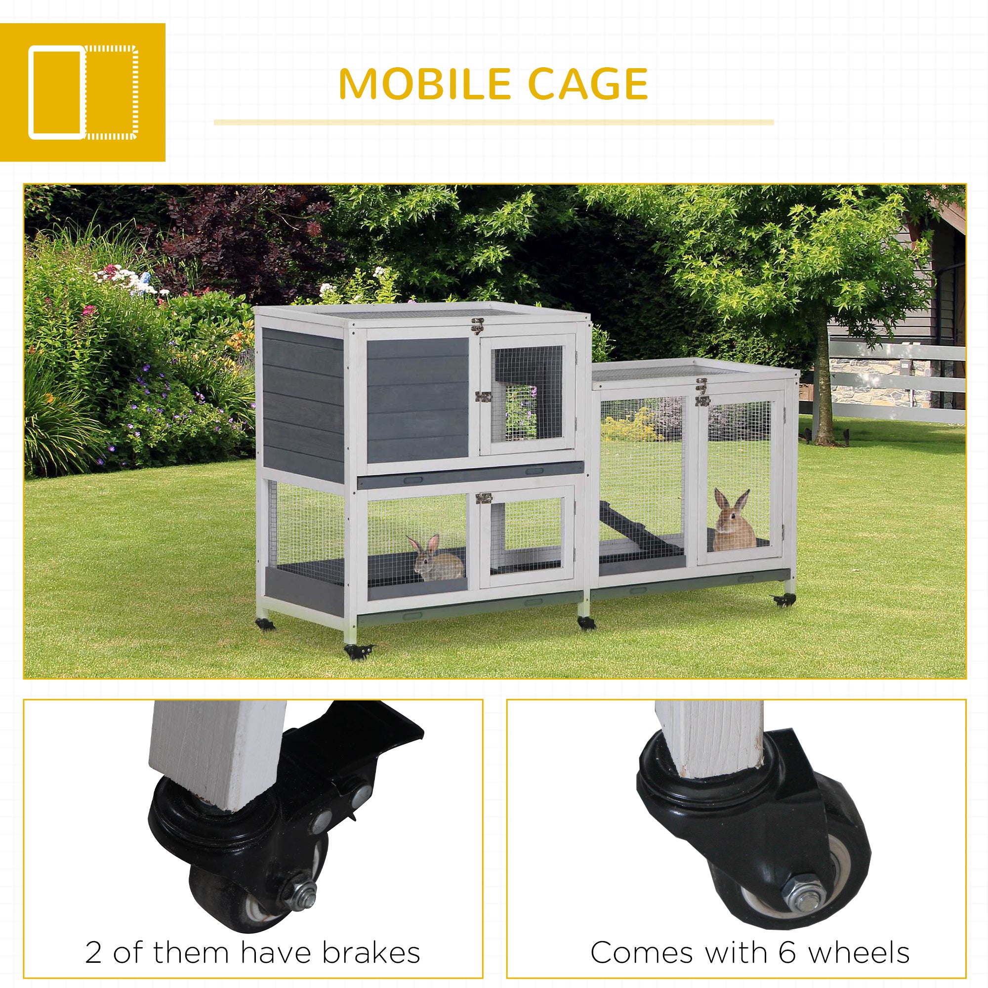 PawHut Wooden Rabbit Hutch Elevated Pet House Bunny Cage Small Animal Habitat with Slide-out Tray Lockable Door Openable Top for Indoor 58