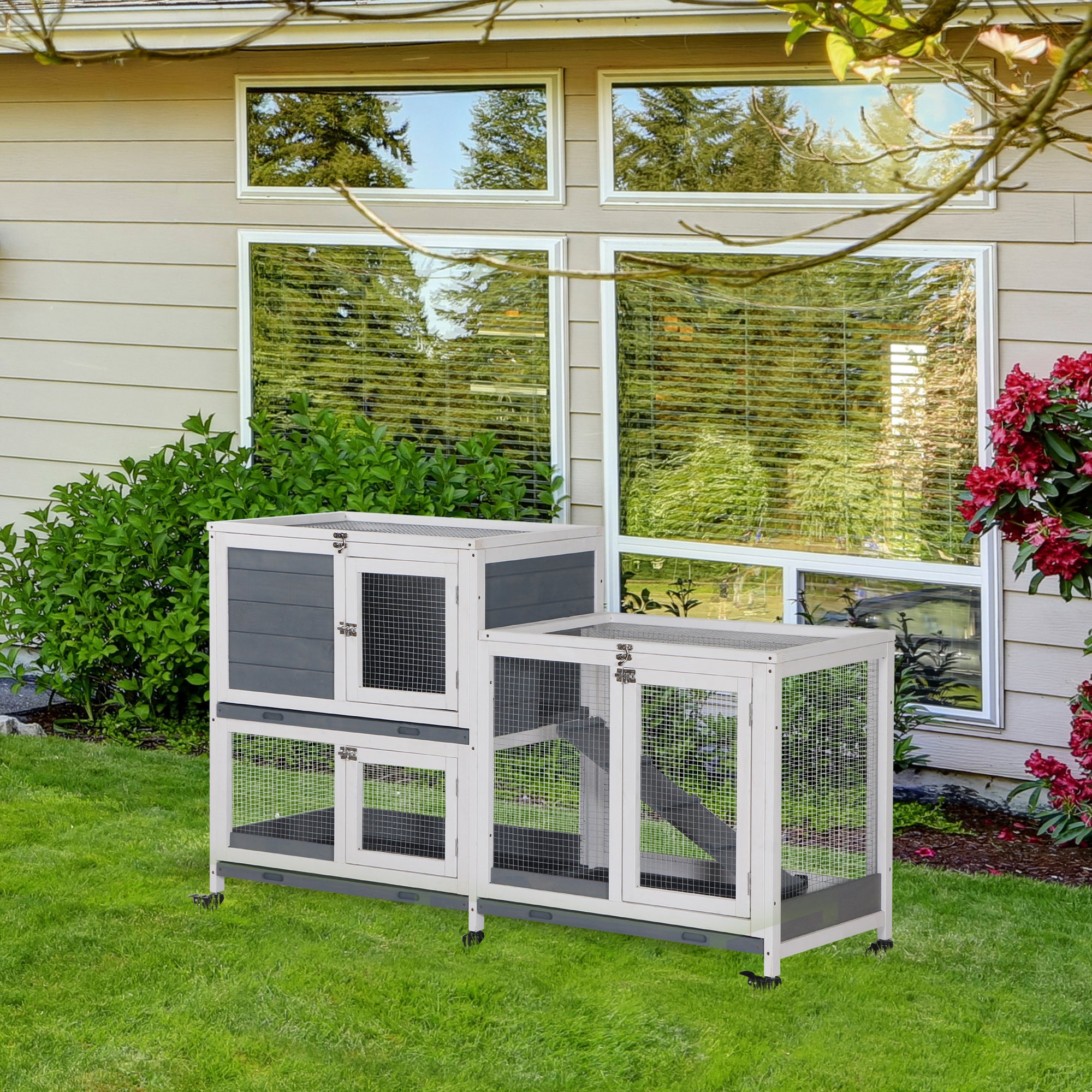 PawHut Wooden Rabbit Hutch Elevated Pet House Bunny Cage Small Animal Habitat with Slide-out Tray Lockable Door Openable Top for Indoor 58