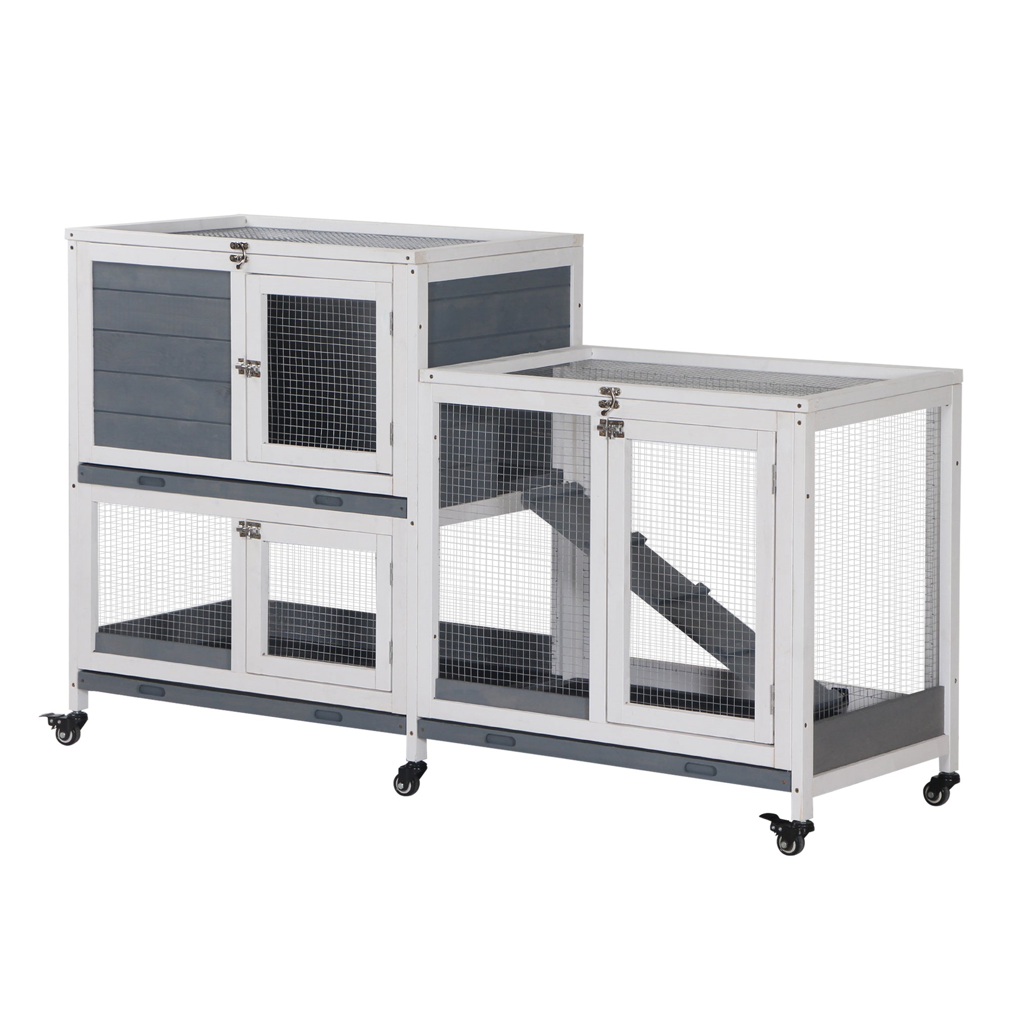 PawHut Wooden Rabbit Hutch Elevated Pet House Bunny Cage Small Animal Habitat with Slide-out Tray Lockable Door Openable Top for Indoor 58" x 18" x 35" Grey