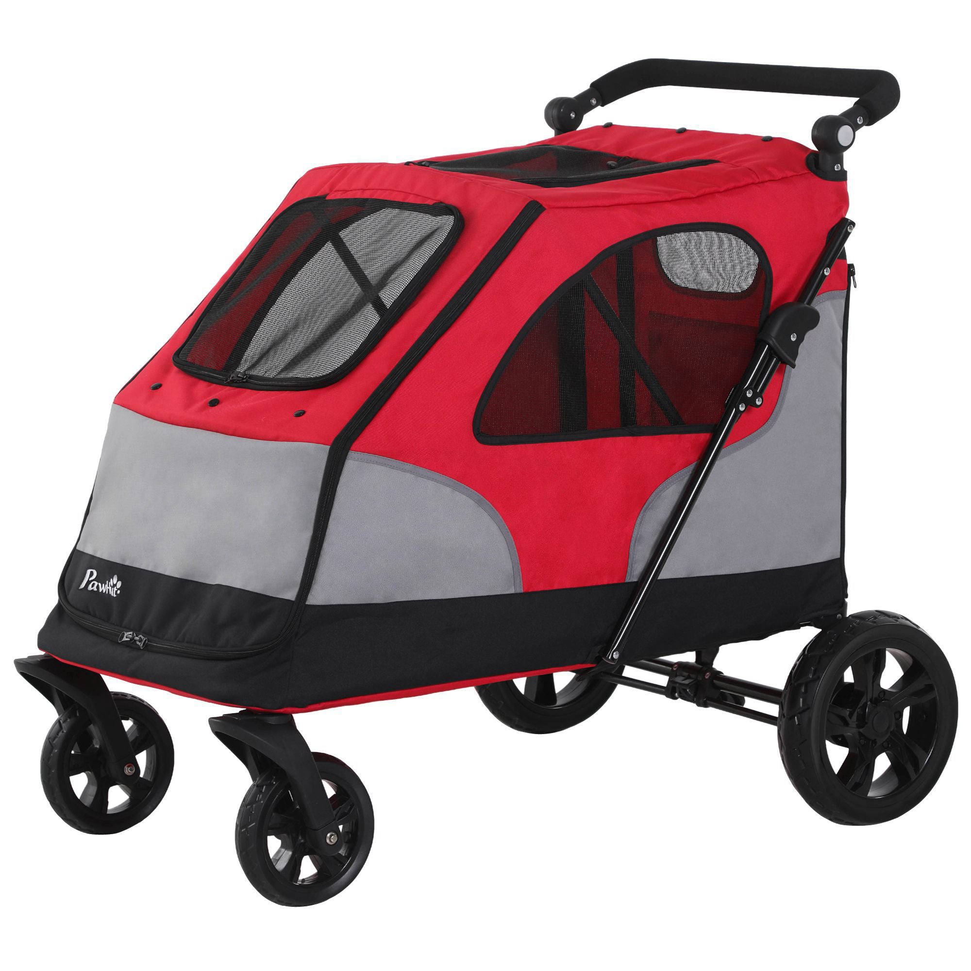 PawHut Dog Stroller Foldable Pet Trolley Pushchair Carrier Adjustable Handlebar for Medium Large Dogs Red