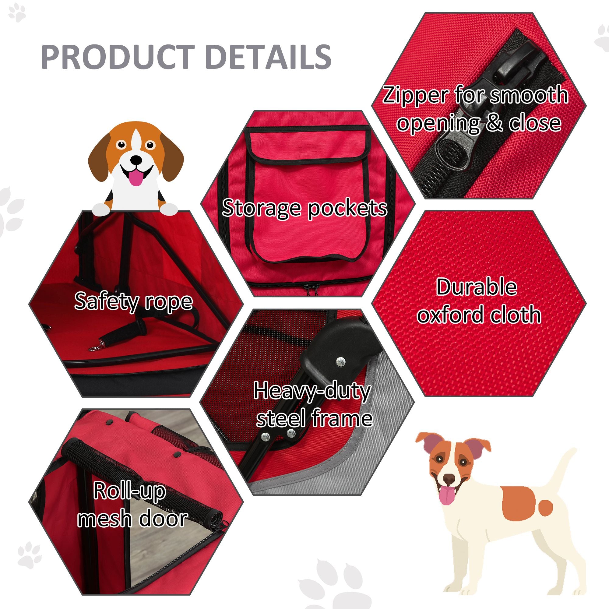 PawHut Dog Stroller Foldable Pet Trolley Pushchair Carrier Adjustable Handlebar for Medium Large Dogs Red