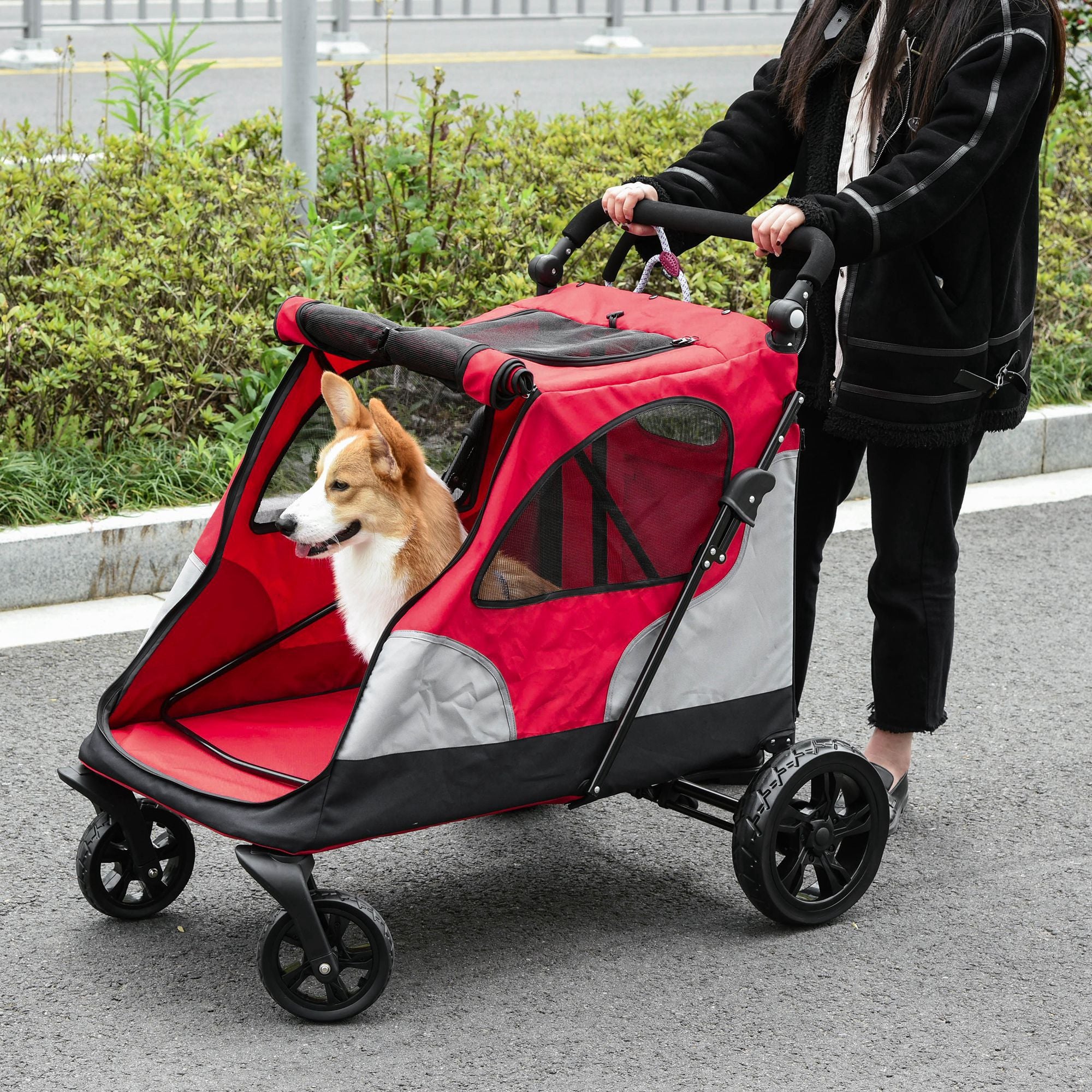 PawHut Dog Stroller Foldable Pet Trolley Pushchair Carrier Adjustable Handlebar for Medium Large Dogs Red